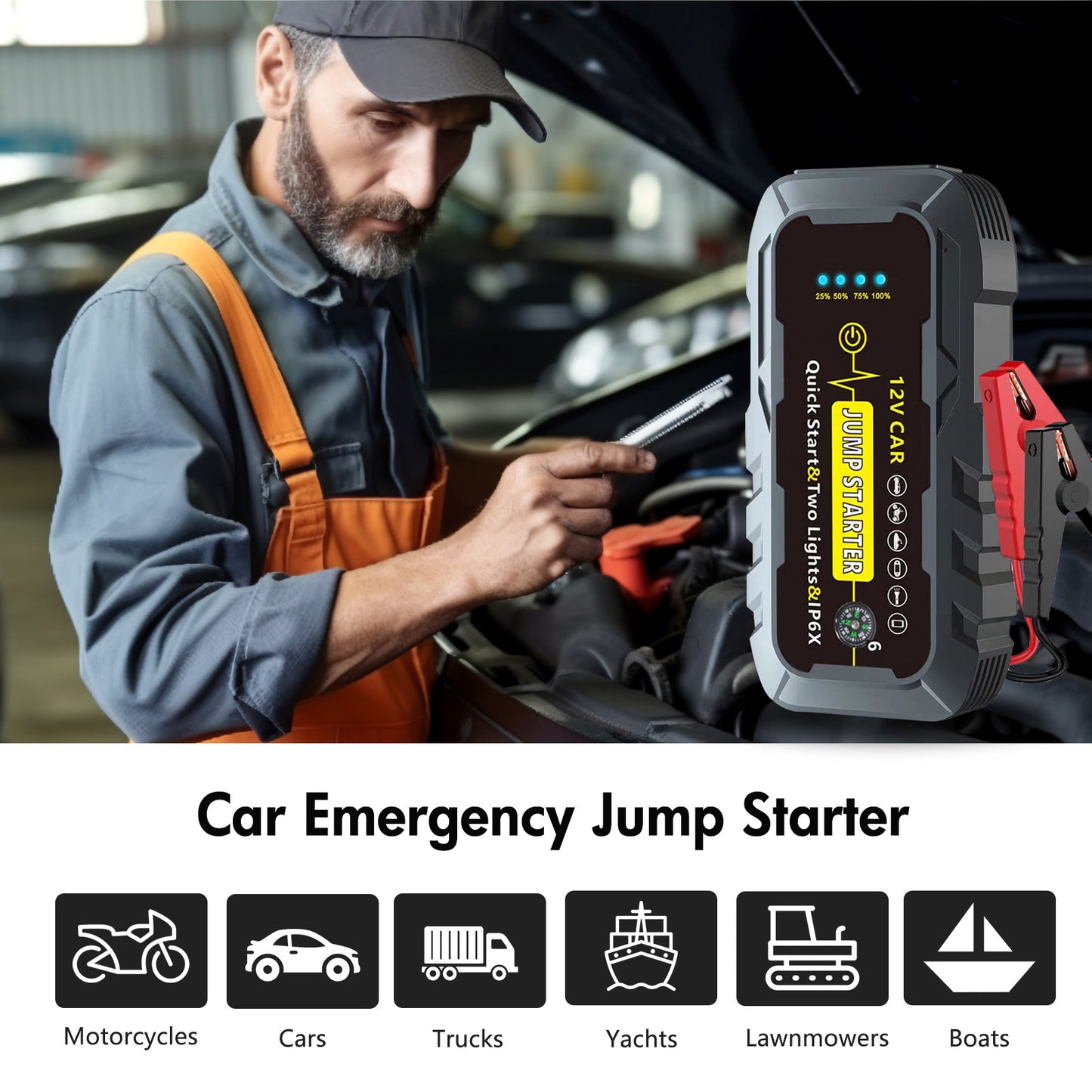 Car Battery Jump Starter Portable, 6000A Peak Jump Box Starter for Car with Indicator Lights, Smart Clamps, Charging Cable, Storage Case For 12V Diesel and Gasoline Vehicles