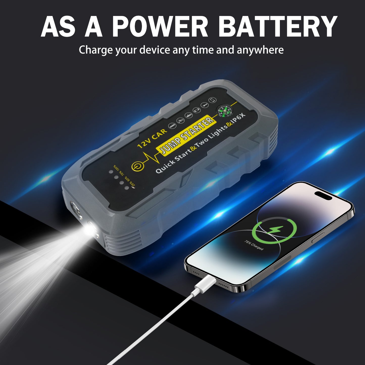 Car Battery Jump Starter Portable, 6000A Peak Jump Box Starter for Car with Indicator Lights, Smart Clamps, Charging Cable, Storage Case For 12V Diesel and Gasoline Vehicles