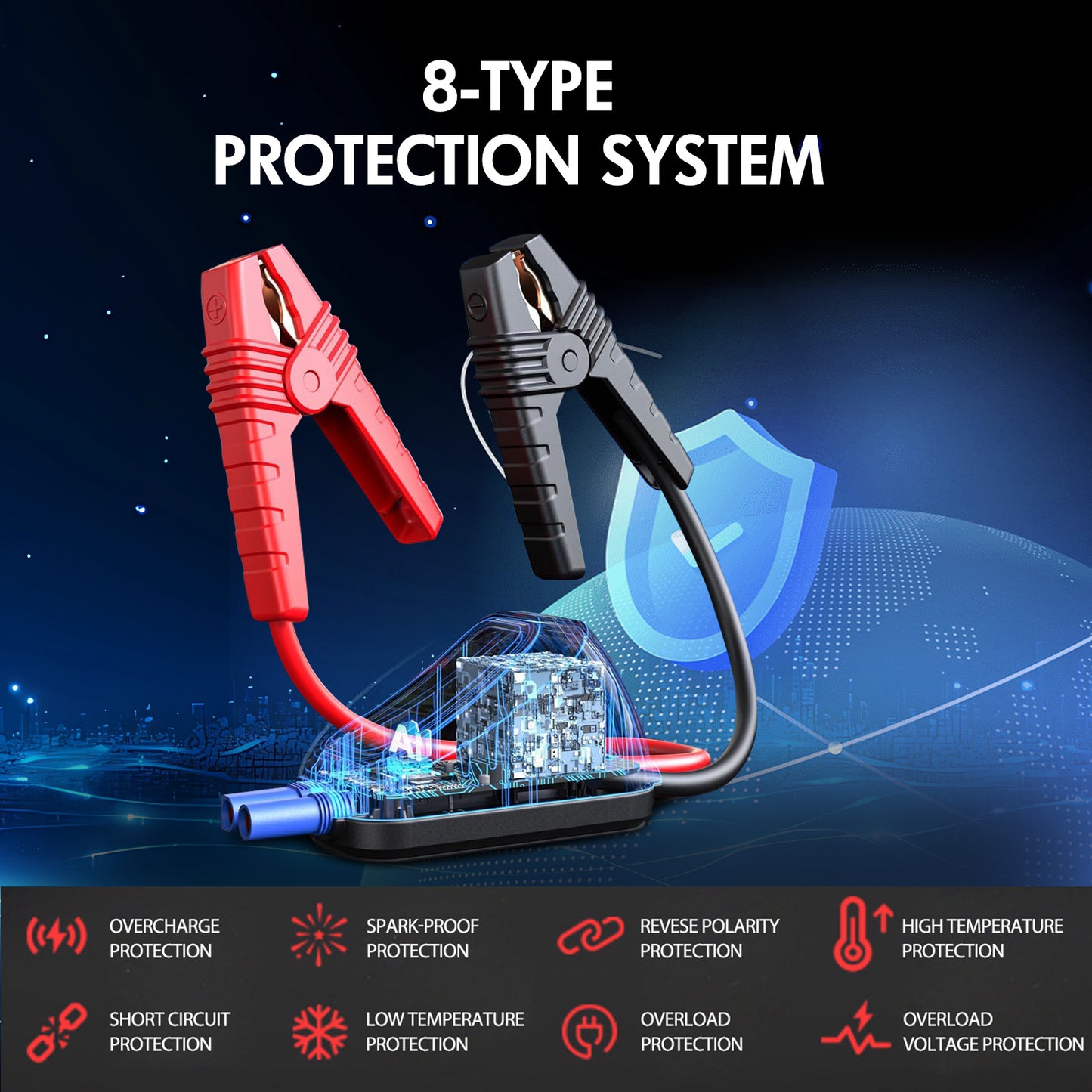 Car Battery Jump Starter Portable, 6000A Peak Jump Box Starter for Car with Indicator Lights, Smart Clamps, Charging Cable, Storage Case For 12V Diesel and Gasoline Vehicles