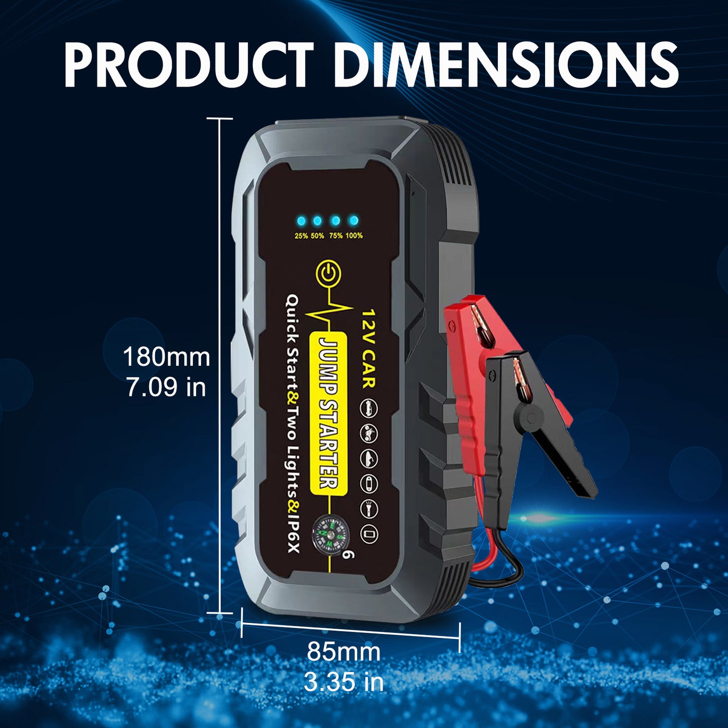 Car Battery Jump Starter Portable, 6000A Peak Jump Box Starter for Car with Indicator Lights, Smart Clamps, Charging Cable, Storage Case For 12V Diesel and Gasoline Vehicles