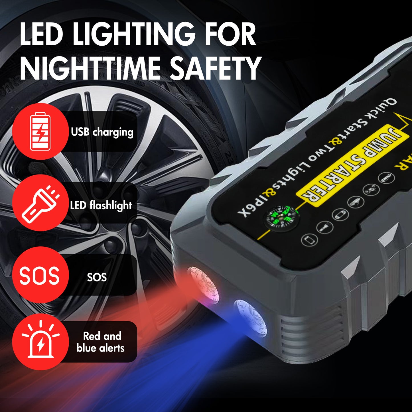Car Battery Jump Starter Portable, 6000A Peak Jump Box Starter for Car with Indicator Lights, Smart Clamps, Charging Cable, Storage Case For 12V Diesel and Gasoline Vehicles