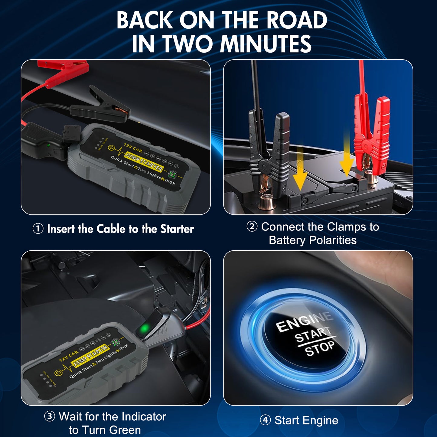 Car Battery Jump Starter Portable, 6000A Peak Jump Box Starter for Car with Indicator Lights, Smart Clamps, Charging Cable, Storage Case For 12V Diesel and Gasoline Vehicles