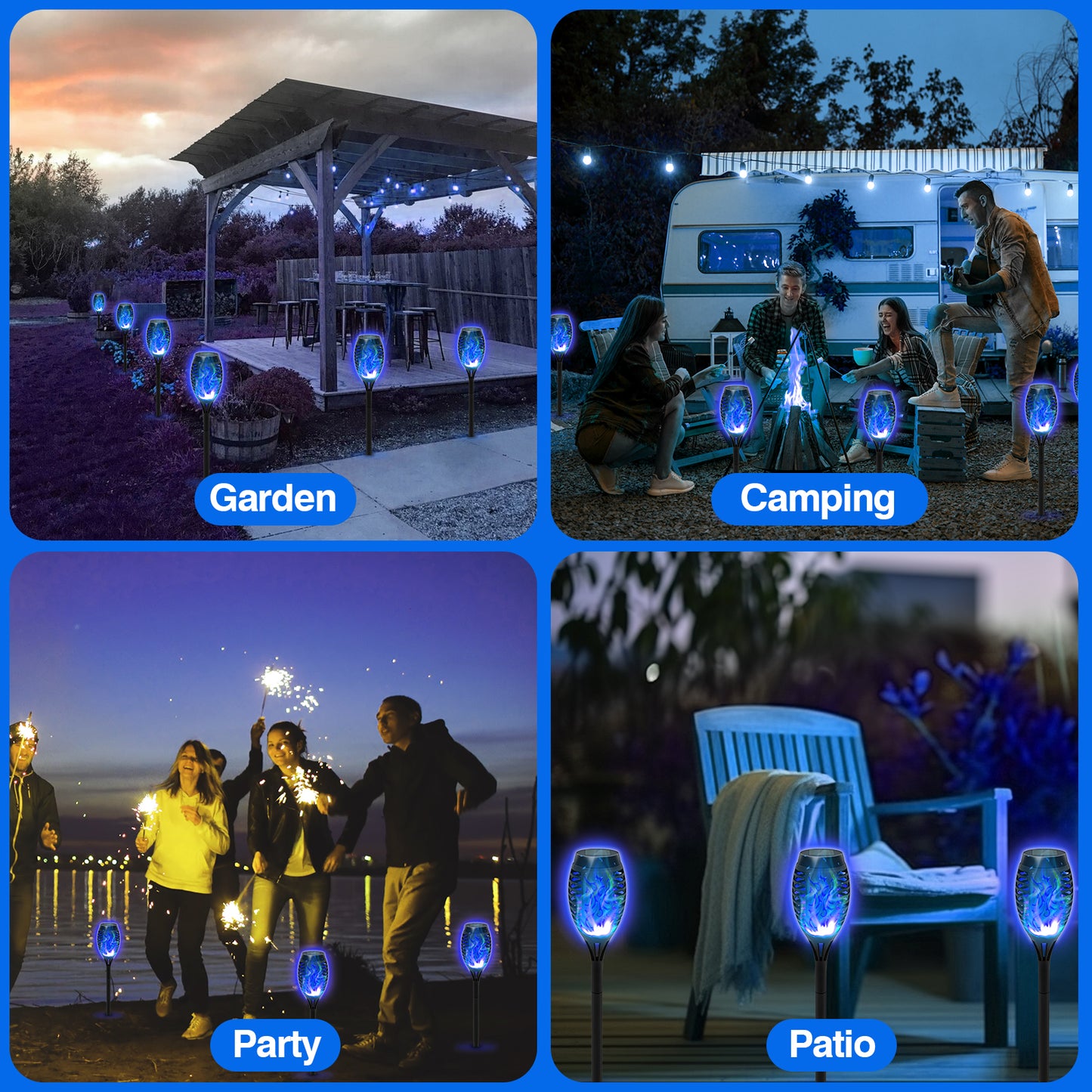 Solar Torch Flame Lights, 12 Pack Blue Solar Torch Light W/Flickering Flame, 12 LED Solar Tiki Torches for Outside Waterproof Landscape Outdoor Lights Garden Yard Patio Lawn Xmas Decorations