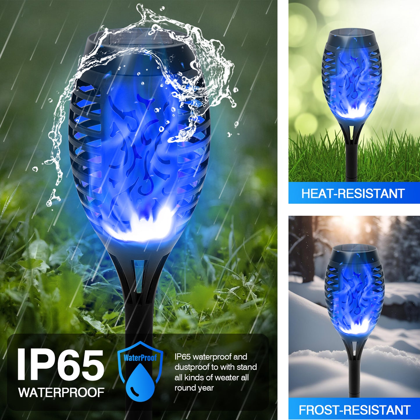 Solar Torch Flame Lights, 12 Pack Blue Solar Torch Light W/Flickering Flame, 12 LED Solar Tiki Torches for Outside Waterproof Landscape Outdoor Lights Garden Yard Patio Lawn Xmas Decorations