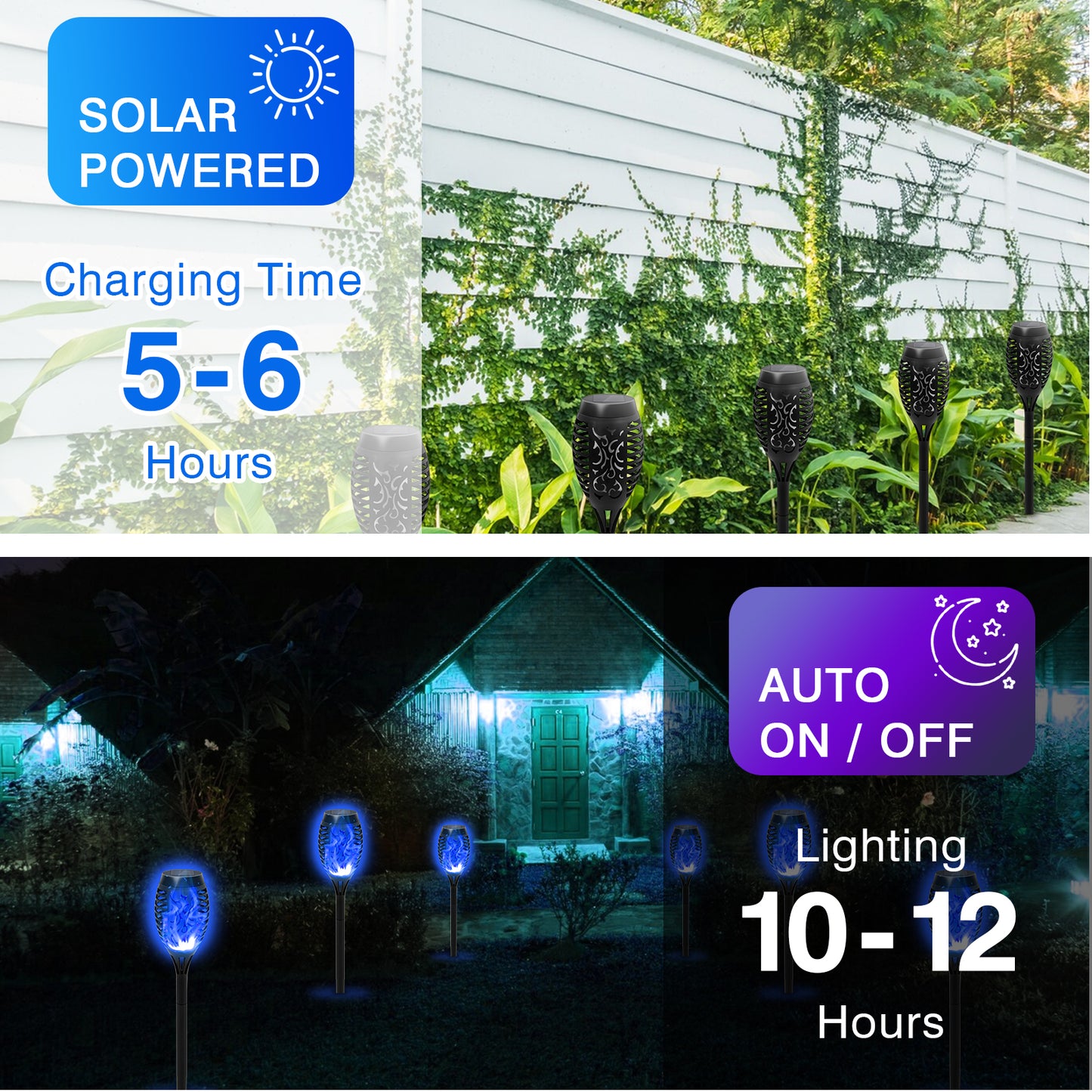 Solar Torch Flame Lights, 12 Pack Blue Solar Torch Light W/Flickering Flame, 12 LED Solar Tiki Torches for Outside Waterproof Landscape Outdoor Lights Garden Yard Patio Lawn Xmas Decorations