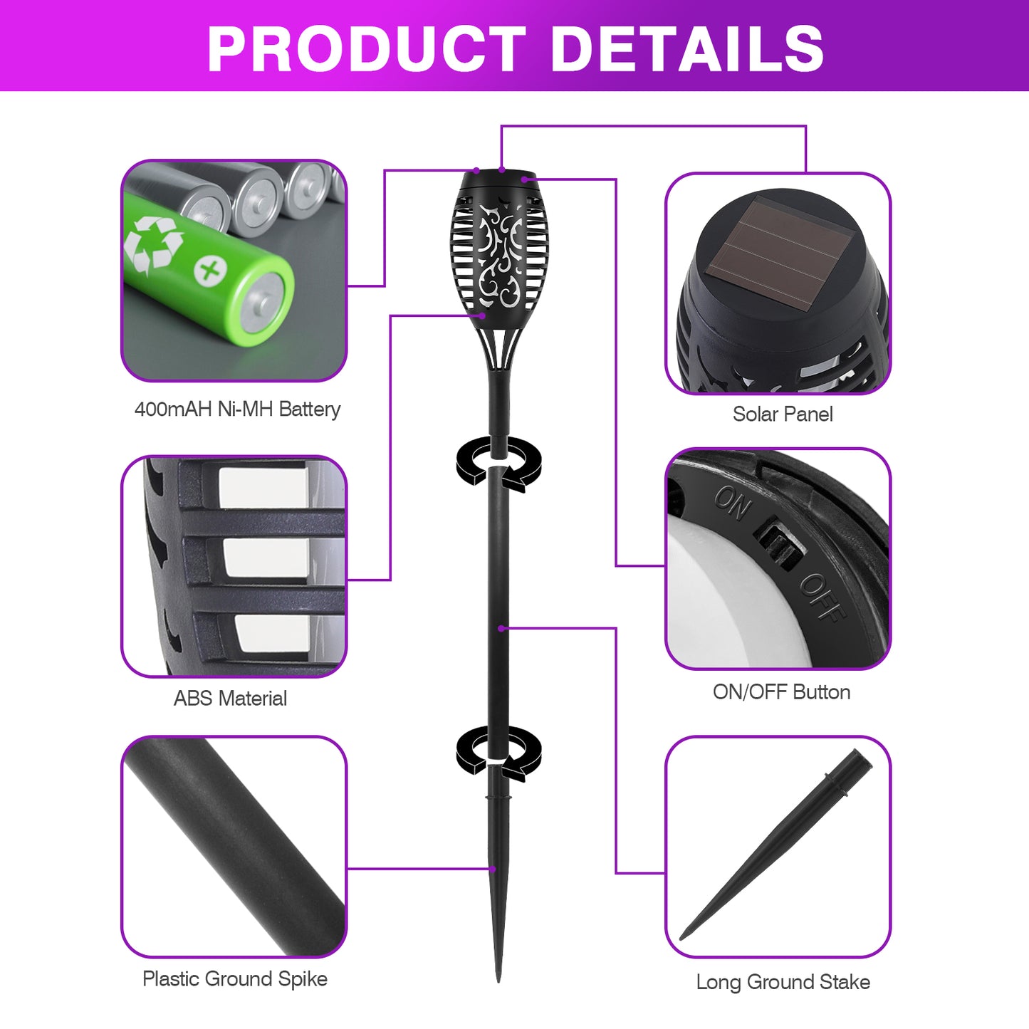 BAOKALEr Flickering Solar Powered Waterproof Patio Torch Lights, Purple, 4 Pieces