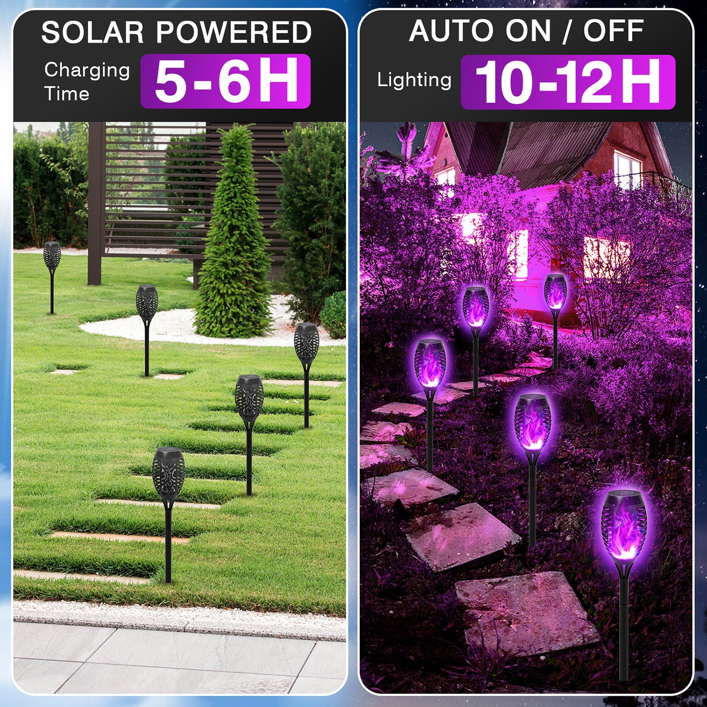 BAOKALEr Solar Torch Lights, Purple Flickering Flame, Waterproof, Garden, Patio, Pathway, 6PCS
