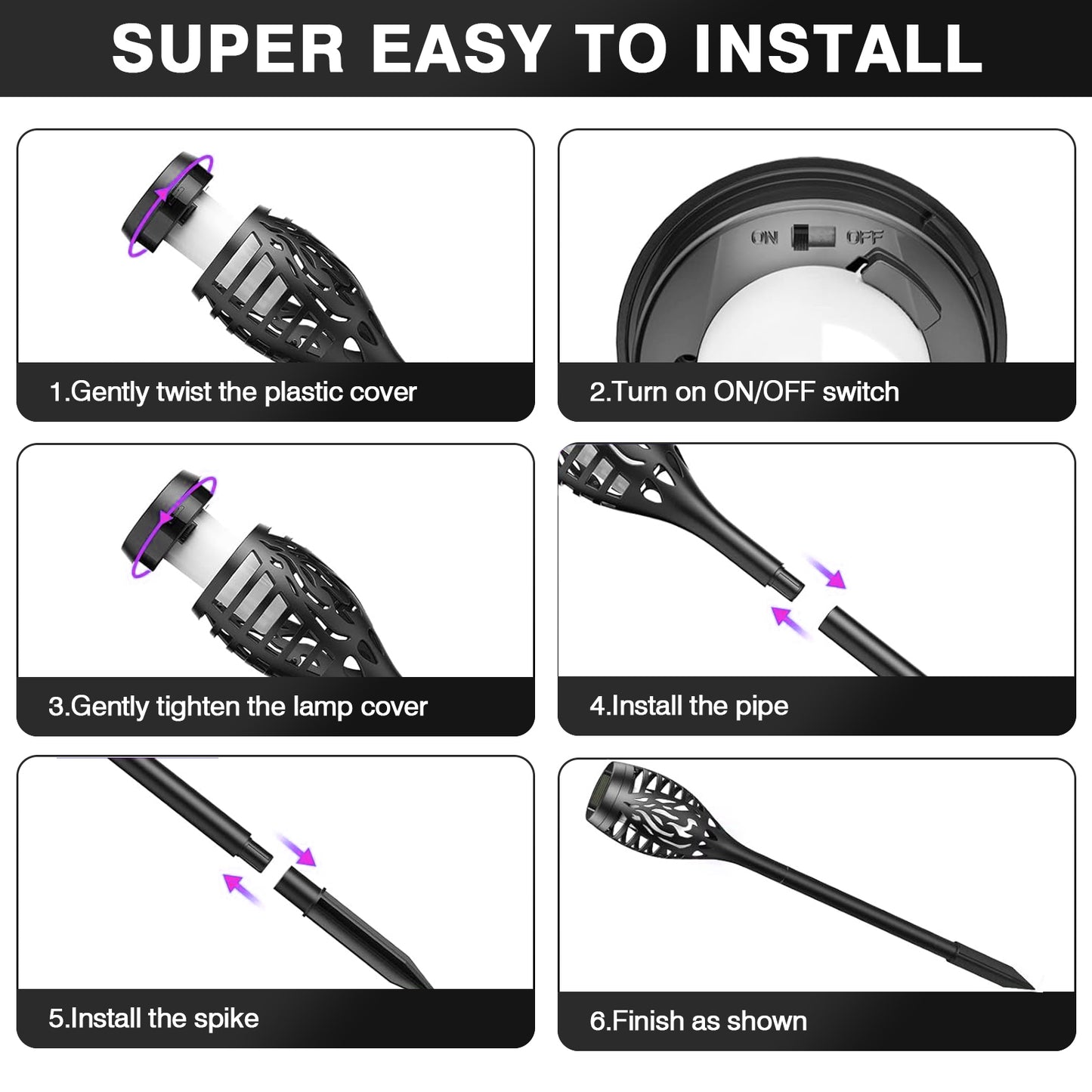 BAOKALEr Solar Torch Lights, Purple Flickering Flame, Waterproof, Garden, Patio, Pathway, 6PCS