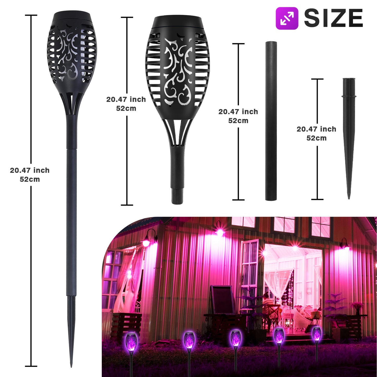 BAOKALEr Solar Torch Lights, Purple Flickering Flame, Waterproof, Garden, Patio, Pathway, 6PCS
