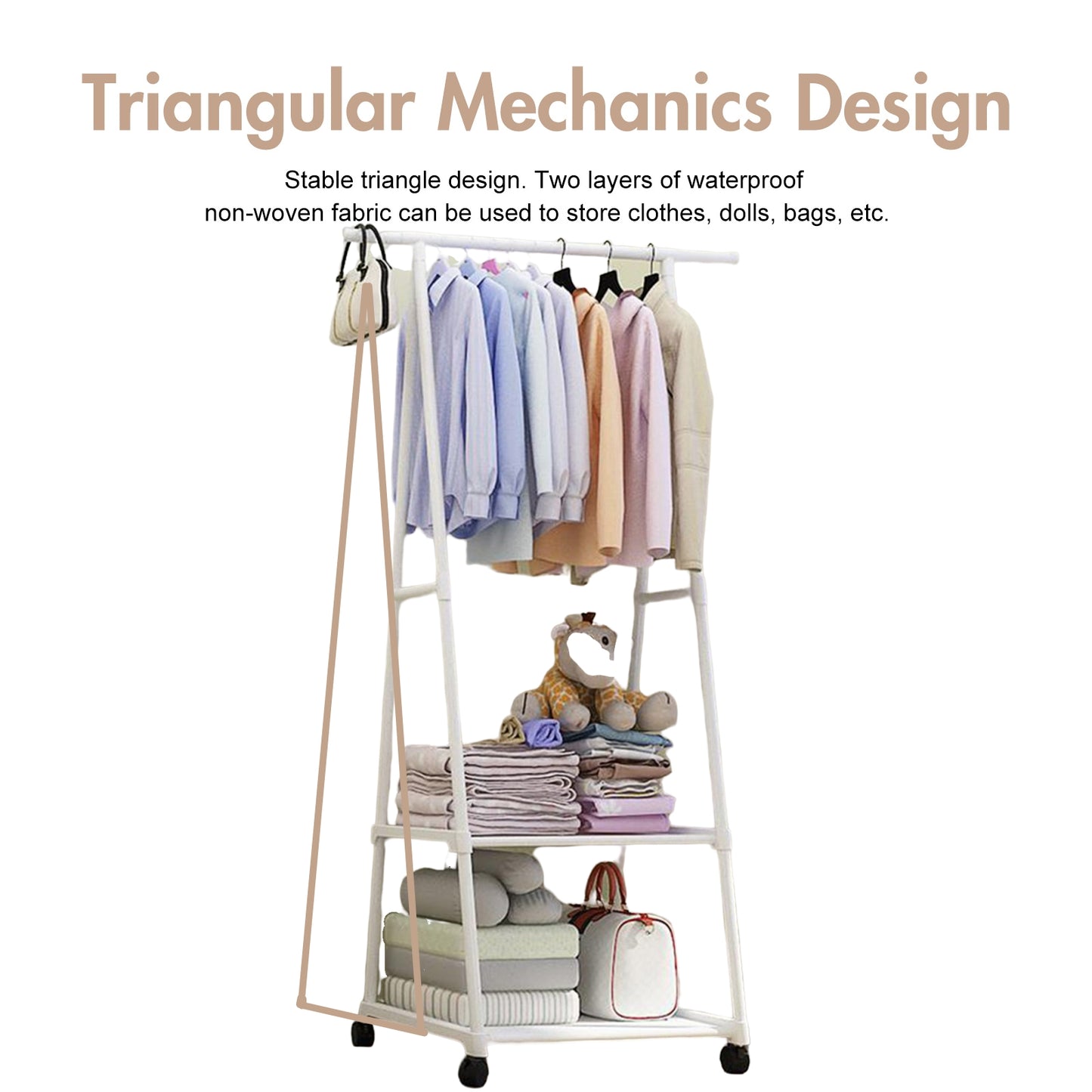 Triangle Garment Rack, Rolling Garment Rack, 2-Tier Clothes Rack, Portable Clothing Rack for Hanging Clothes on Wheels, White