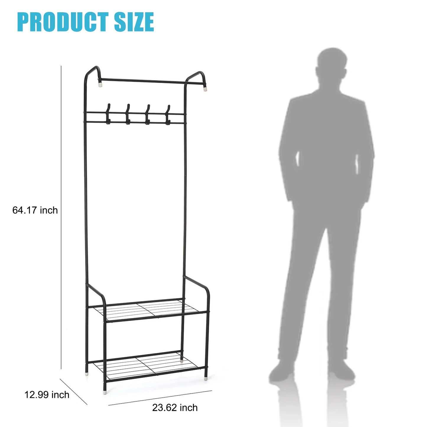 Baokaler 3-in-1 Entryway Coat Rack Shoe Bench Metal Hall Tree Clothes Stand 2 Layers Storage Bench Free Standing Clothes Organizer Hat Stand Rod for Hanging Jacket