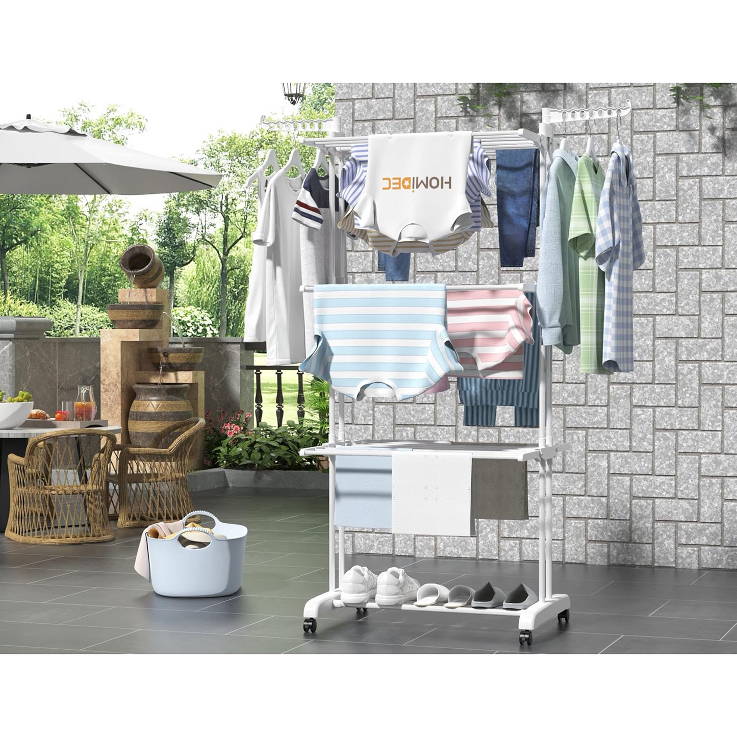 Clothes Drying Rack, 4-Tier Foldable Laundry Drying Rack, Stainless Steel Garment Clothes Dryer Indoor or Outdoor Standing Clothing Rack with Wheels, White
