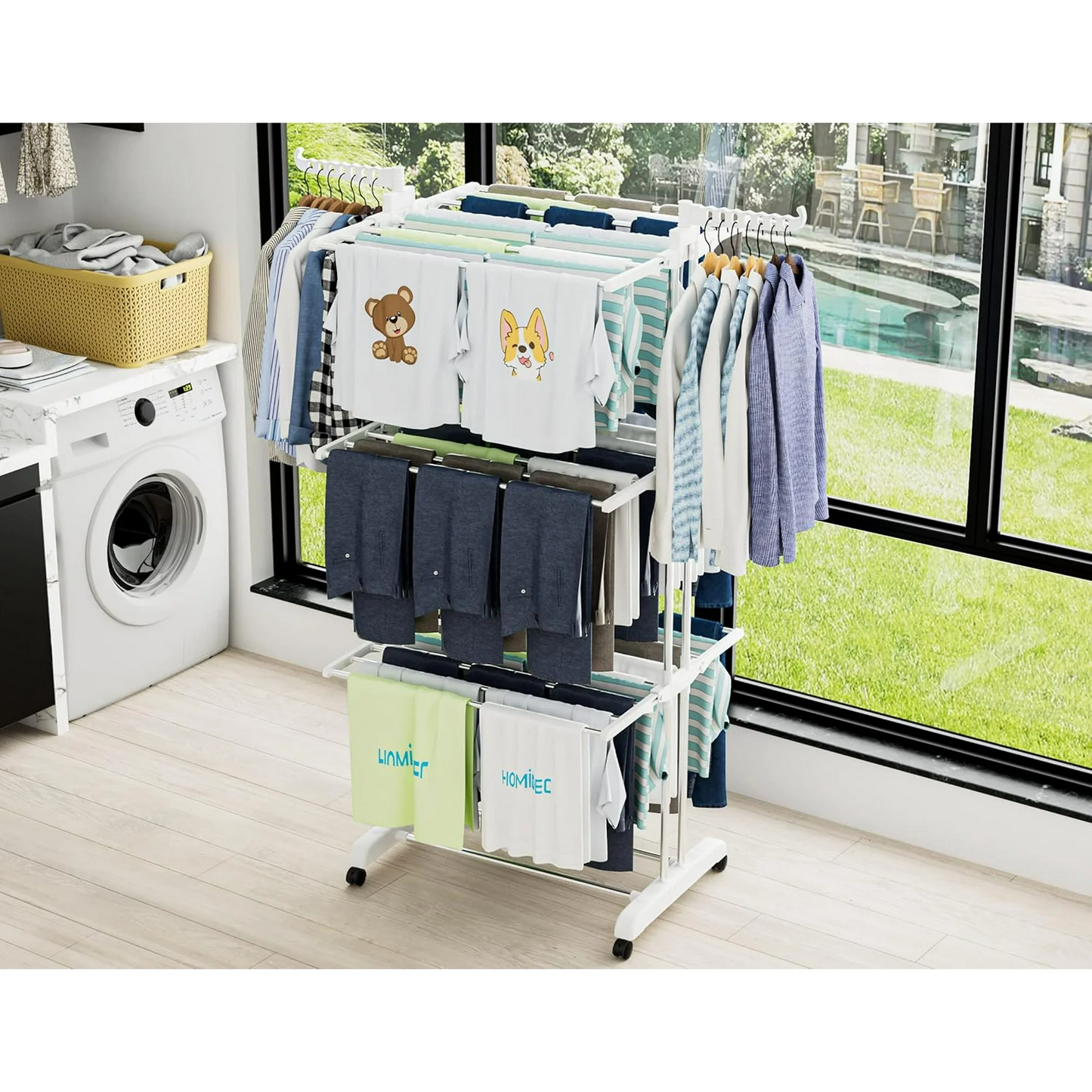 Clothes Drying Rack, 4-Tier Foldable Laundry Drying Rack, Stainless Steel Garment Clothes Dryer Indoor or Outdoor Standing Clothing Rack with Wheels, White