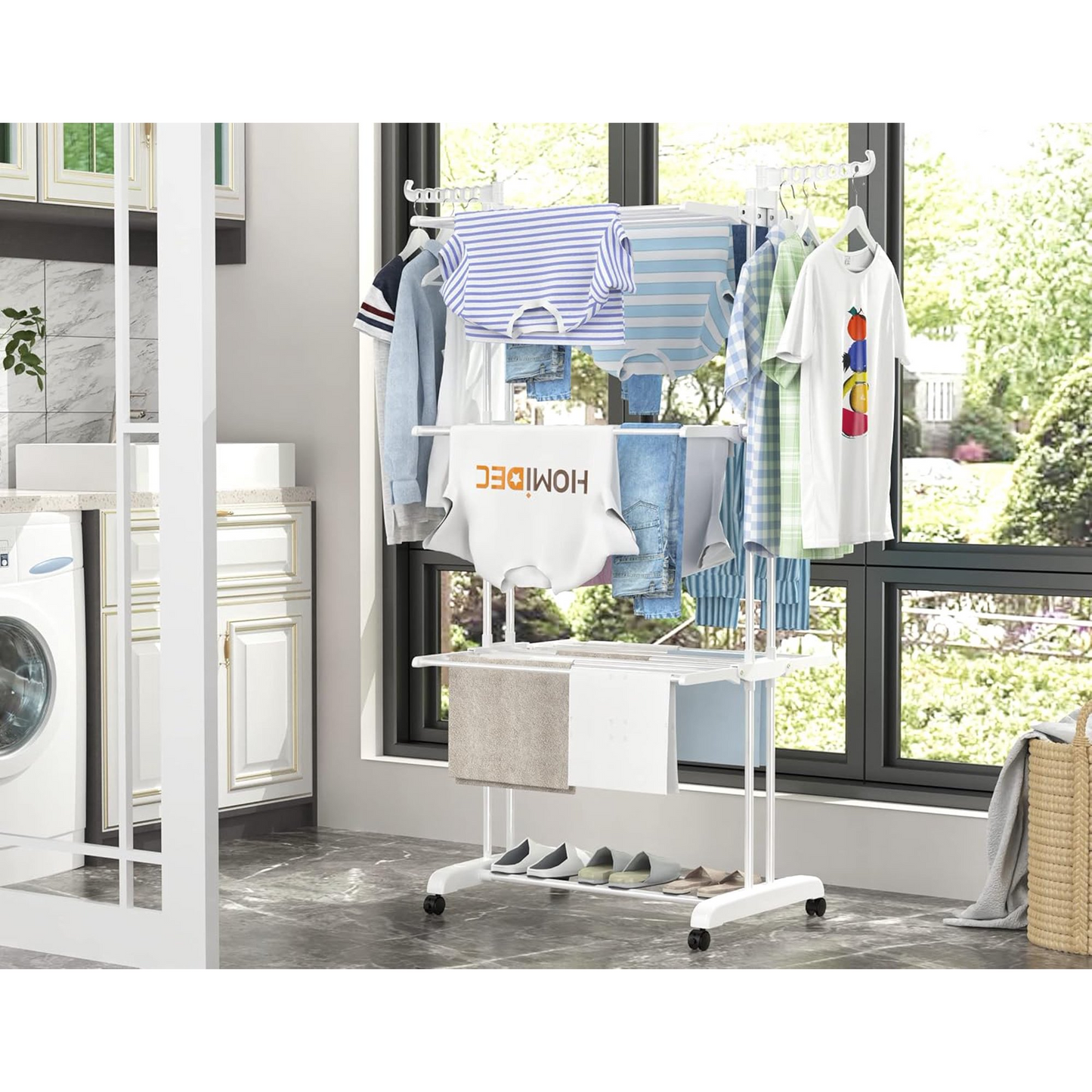 Clothes Drying Rack, 4-Tier Foldable Laundry Drying Rack, Stainless Steel Garment Clothes Dryer Indoor or Outdoor Standing Clothing Rack with Wheels, White