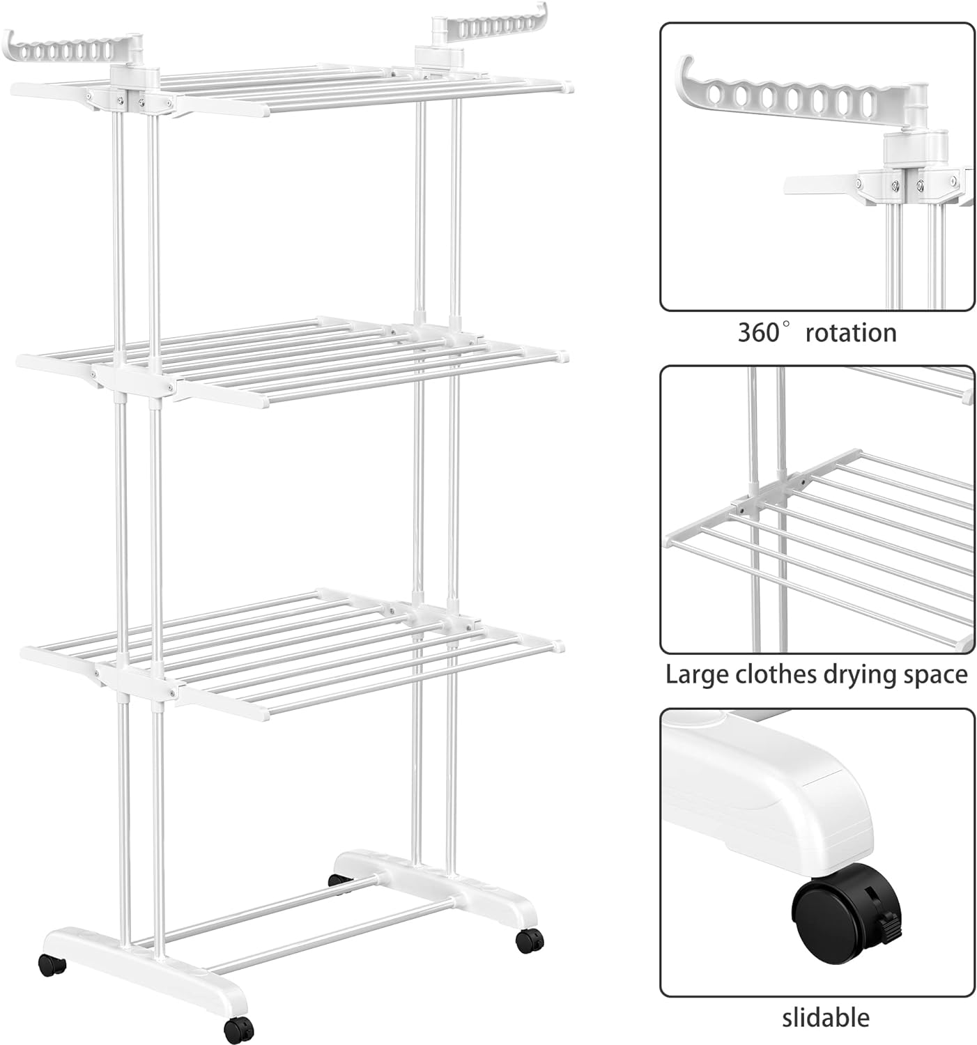 Clothes Drying Rack, 4-Tier Foldable Laundry Drying Rack, Stainless Steel Garment Clothes Dryer Indoor or Outdoor Standing Clothing Rack with Wheels, White