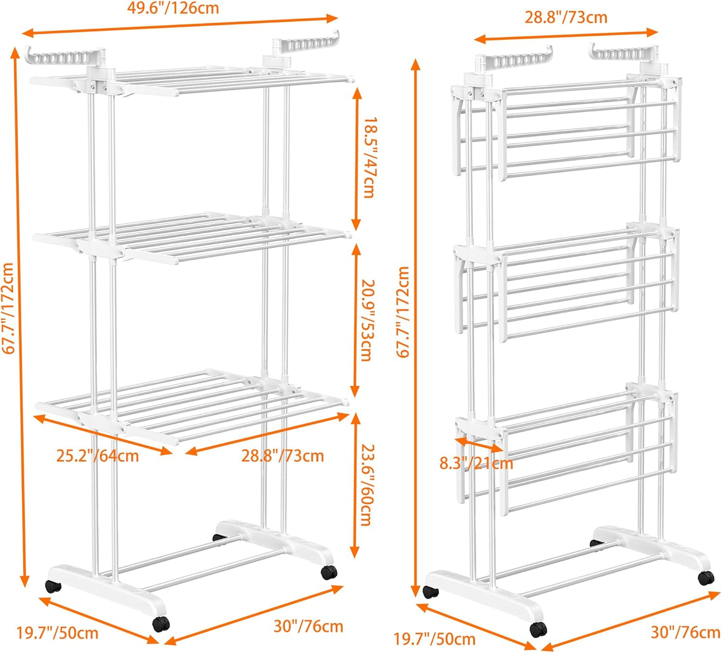 Clothes Drying Rack, 4-Tier Foldable Laundry Drying Rack, Stainless Steel Garment Clothes Dryer Indoor or Outdoor Standing Clothing Rack with Wheels, White