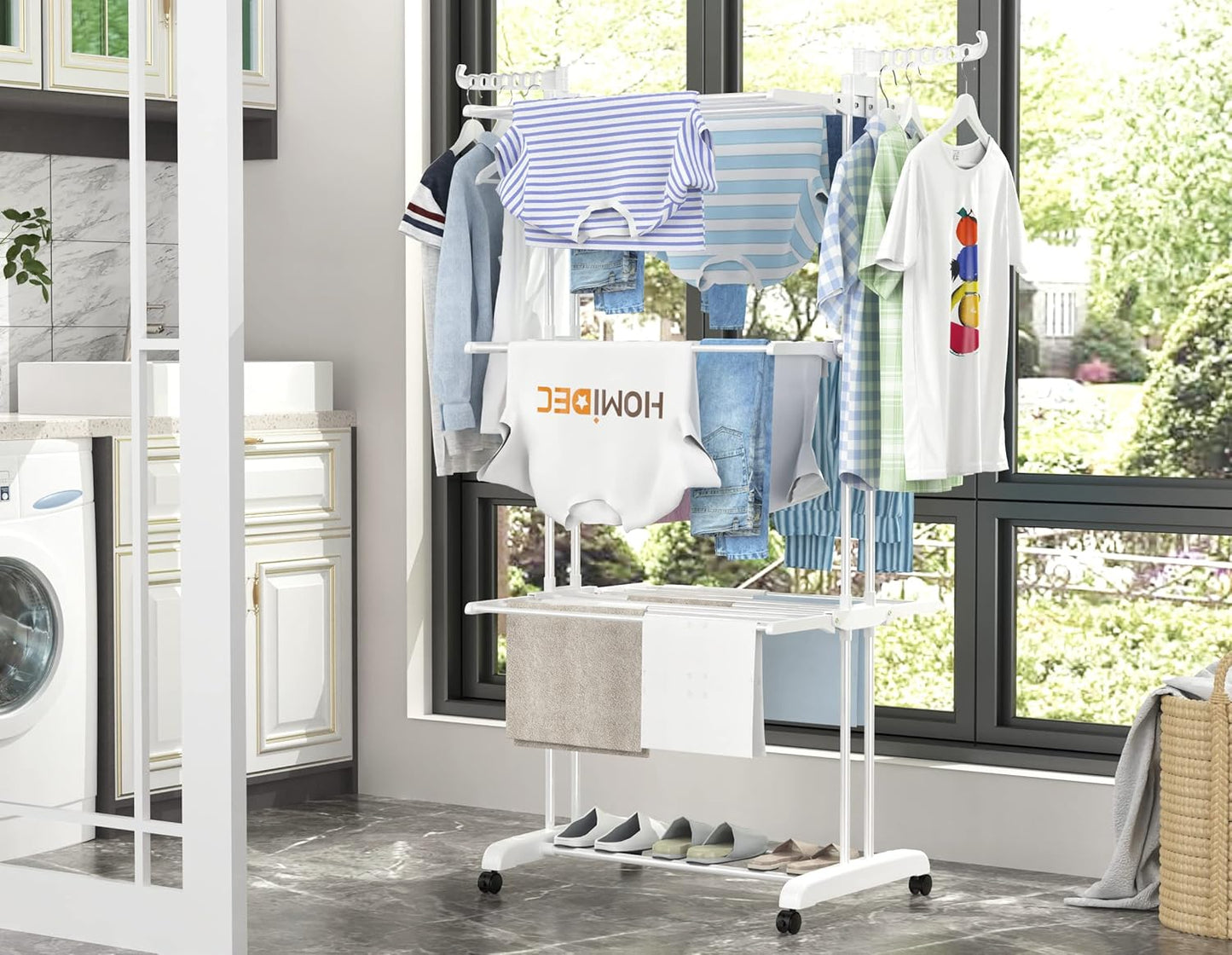Clothes Drying Rack, 4-Tier Foldable Laundry Drying Rack, Stainless Steel Garment Clothes Dryer Indoor or Outdoor Standing Clothing Rack with Wheels, White