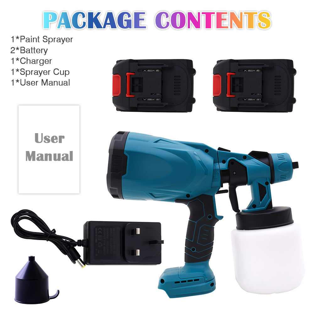 High-Pressure HVLP Electric Cordless Paint Sprayer Paint Gun 3 Spray Patterns & 2 Batteries