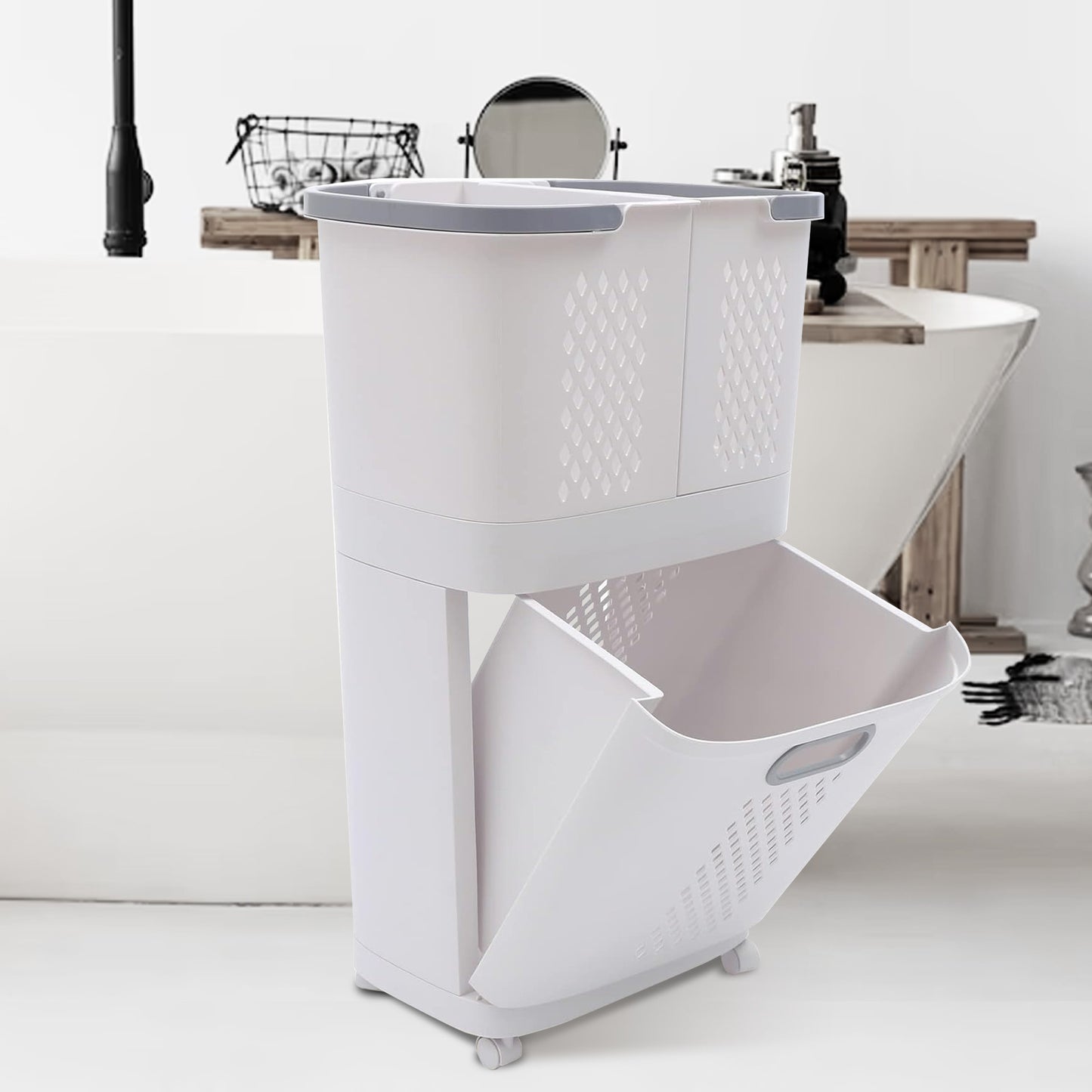 Magichomestore 3 Tier Rolling Laundry Removable Hamper Cart with Wheels, White