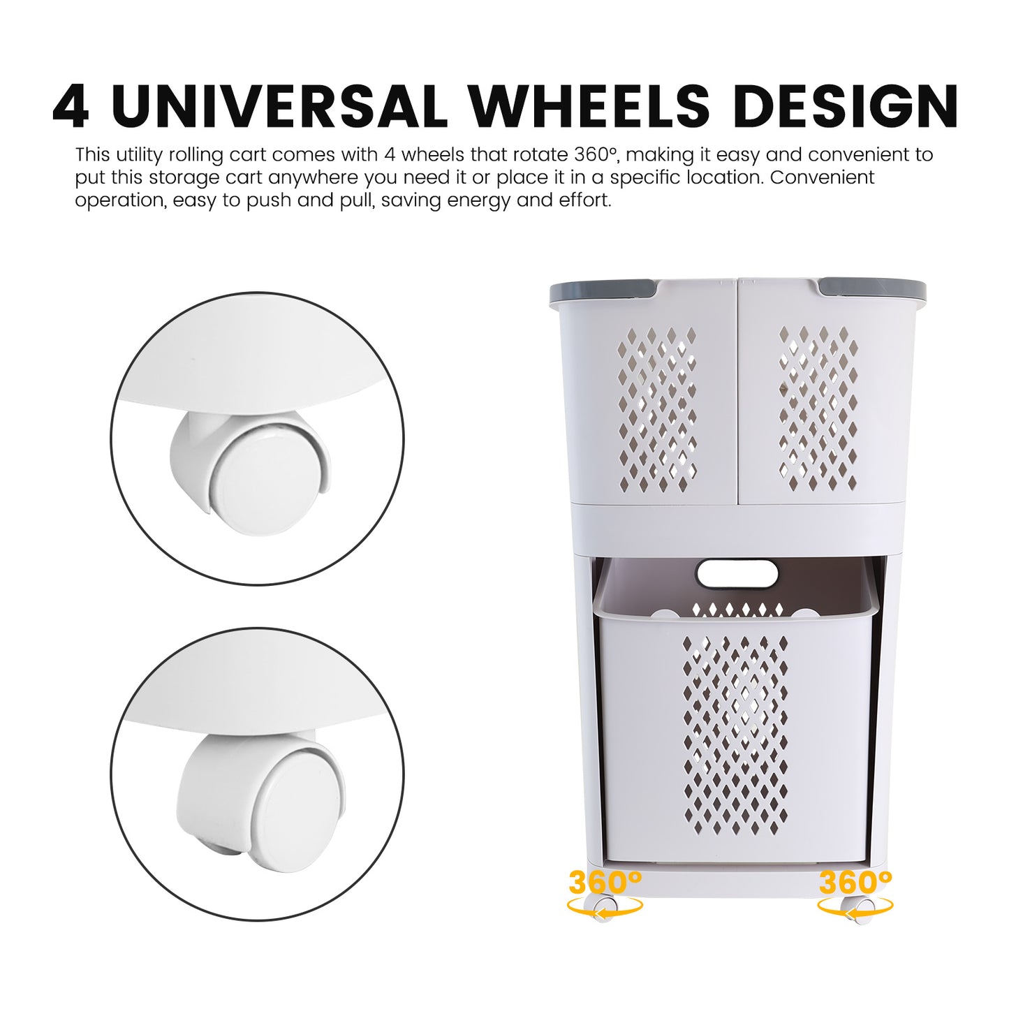 Magichomestore 3 Tier Rolling Laundry Removable Hamper Cart with Wheels, White