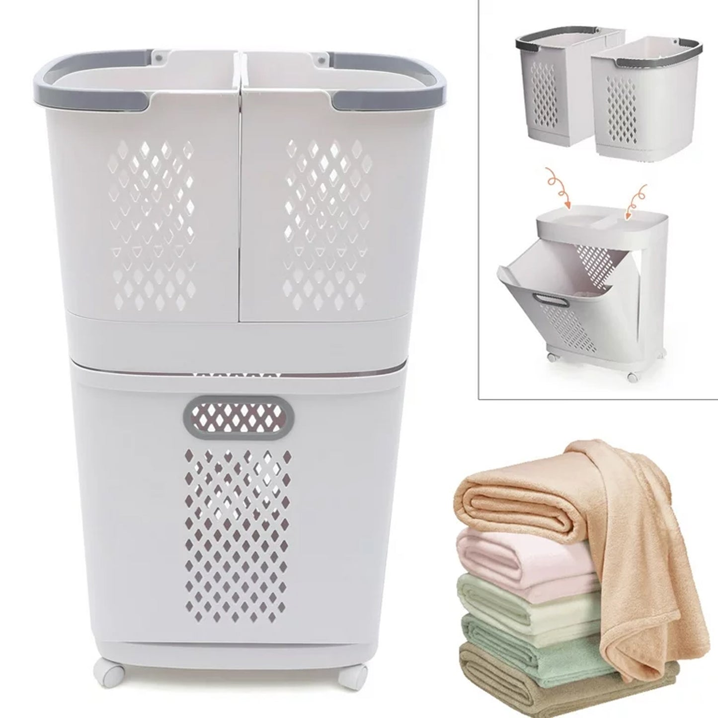 Magichomestore 3 Tier Rolling Laundry Removable Hamper Cart with Wheels, White