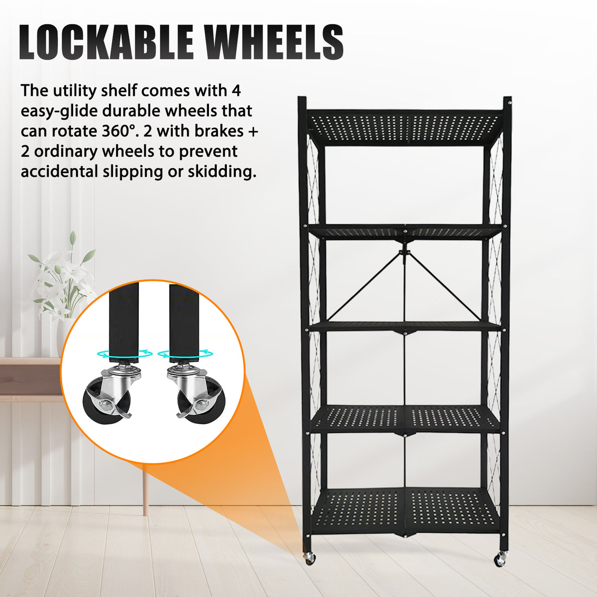 5 Tier Storage Shelves with Wheels 27.9''x 13.4'' x 62.5'' Collapsible Kitchen Rolling Cart, Metal Garage Shelving, Foldable Shelf with Wheels,Storage Rack on Wheel, Foldable Shelf Unit