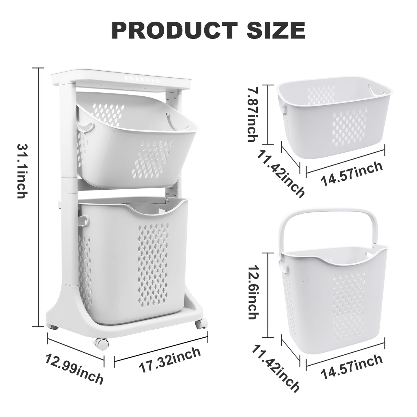 Magichomestore 2-Tier Rolling Laundry Hamper Sorter with Wheels, White