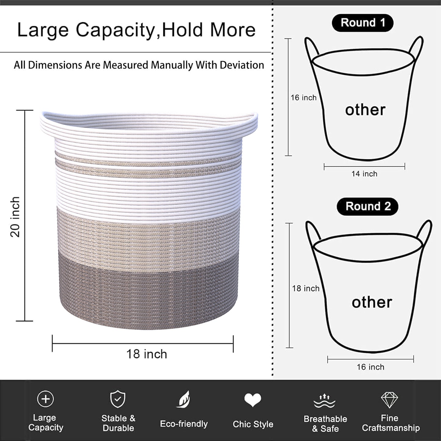 83L Extra Large 20x18 Inches Decorative Woven Cotton Rope Basket, Tall Laundry Basket Hamper, Blanket Basket for Living Room, Round Storage Baskets for Pillows, Towels