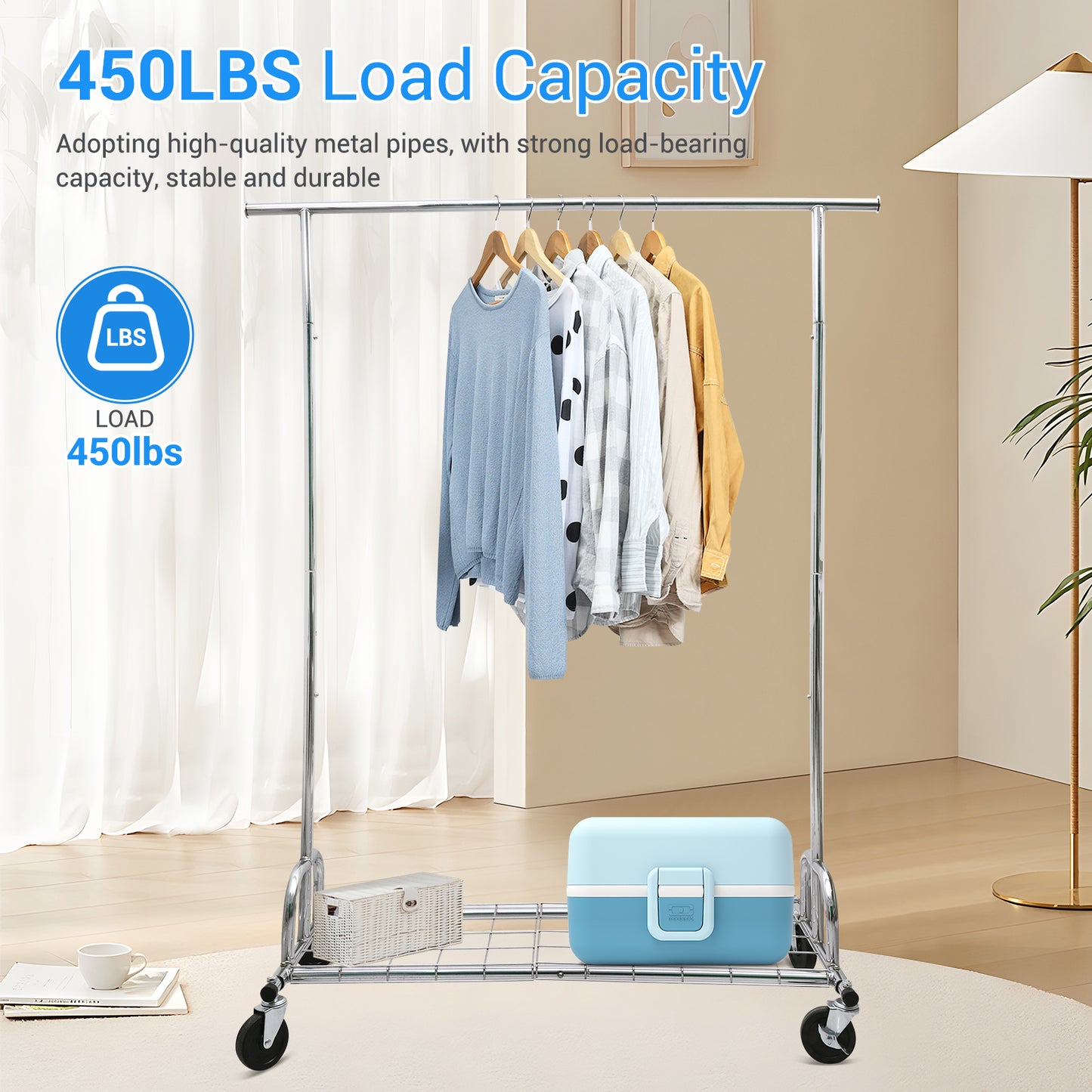 Baokaler 450 lbs Clothing rack Heavy Duty Hanging rack with Shelves Collapsible Clothes racks on Wheels rolling Garment rack for Hanging Clothes Portable Adjustable, Chrome Finish