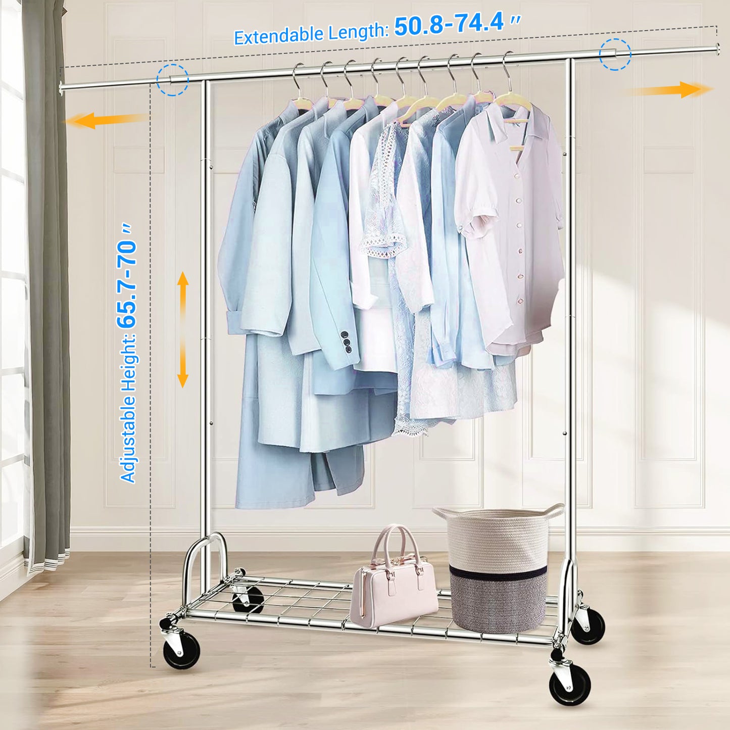 Baokaler 450 lbs Clothing rack Heavy Duty Hanging rack with Shelves Collapsible Clothes racks on Wheels rolling Garment rack for Hanging Clothes Portable Adjustable, Chrome Finish