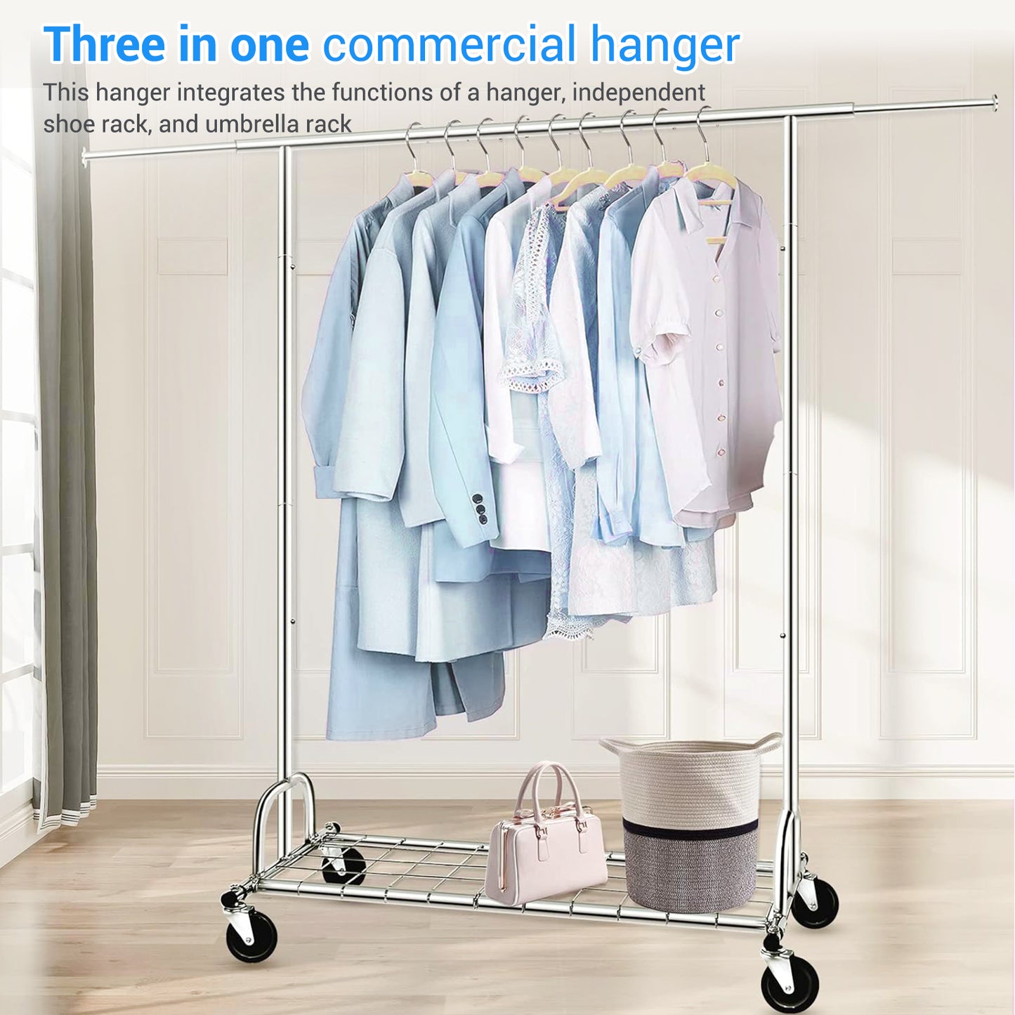 Baokaler 450 lbs Clothing rack Heavy Duty Hanging rack with Shelves Collapsible Clothes racks on Wheels rolling Garment rack for Hanging Clothes Portable Adjustable, Chrome Finish
