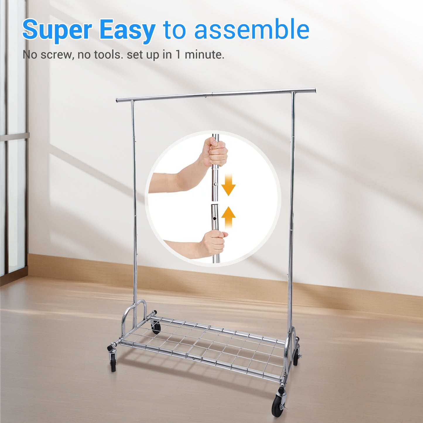Baokaler 450 lbs Clothing rack Heavy Duty Hanging rack with Shelves Collapsible Clothes racks on Wheels rolling Garment rack for Hanging Clothes Portable Adjustable, Chrome Finish