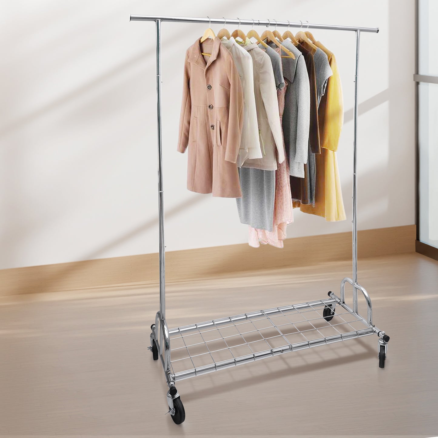Baokaler 450 lbs Clothing rack Heavy Duty Hanging rack with Shelves Collapsible Clothes racks on Wheels rolling Garment rack for Hanging Clothes Portable Adjustable, Chrome Finish