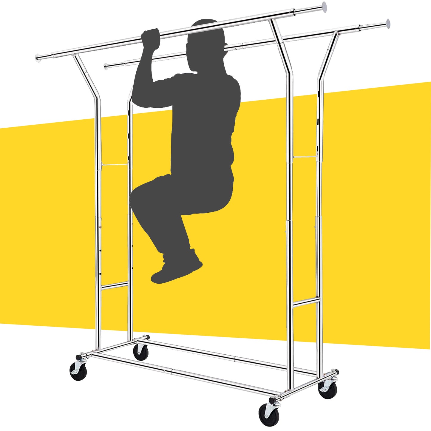 Baokaler 500 lbs Heavy Duty Garment Clothes Rack on Wheel Commercial Metal Clothes Racks Collapsible Clothing Racks for Hanging Clothes, Double Rolling Clothes Rack with Shelf, Chrome Finish