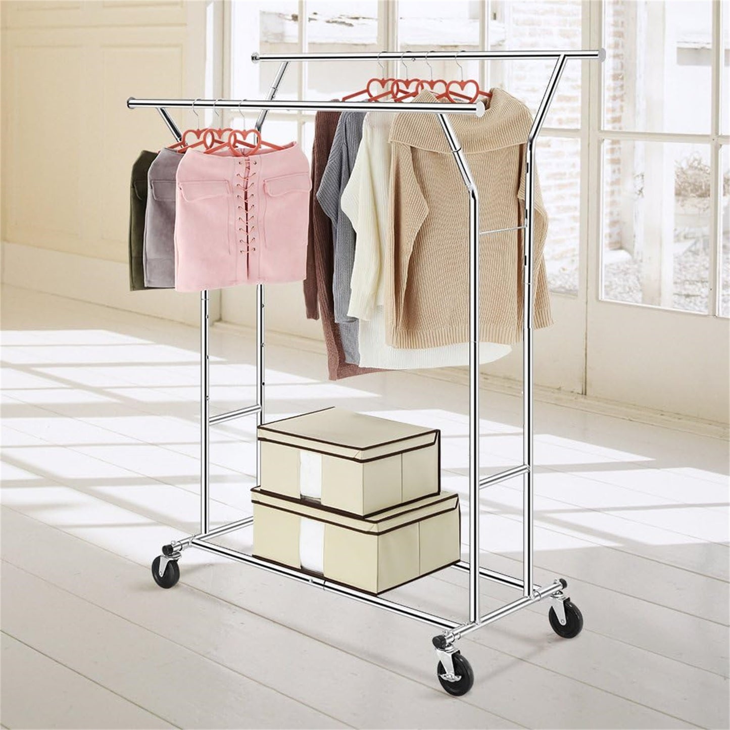 Baokaler 500 lbs Heavy Duty Garment Clothes Rack on Wheel Commercial Metal Clothes Racks Collapsible Clothing Racks for Hanging Clothes, Double Rolling Clothes Rack with Shelf, Chrome Finish