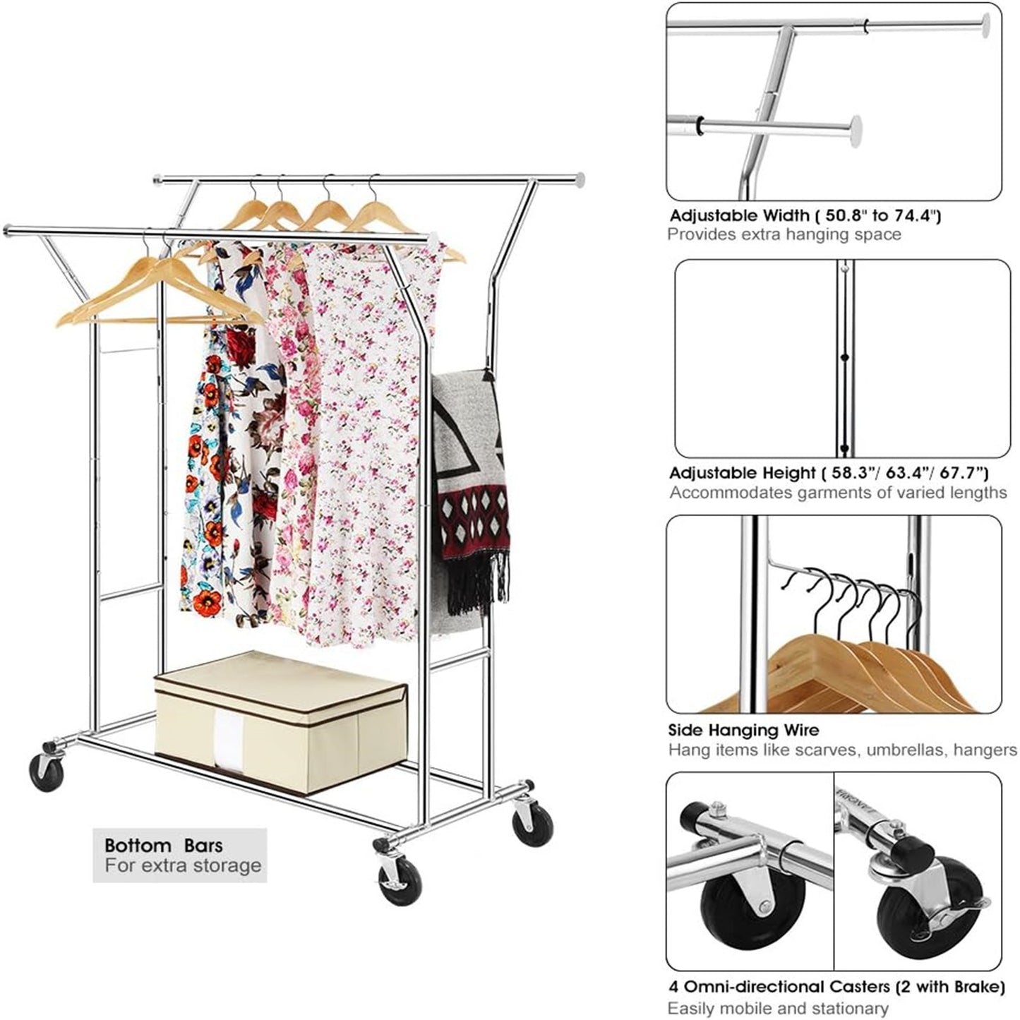 Baokaler 500 lbs Heavy Duty Garment Clothes Rack on Wheel Commercial Metal Clothes Racks Collapsible Clothing Racks for Hanging Clothes, Double Rolling Clothes Rack with Shelf, Chrome Finish