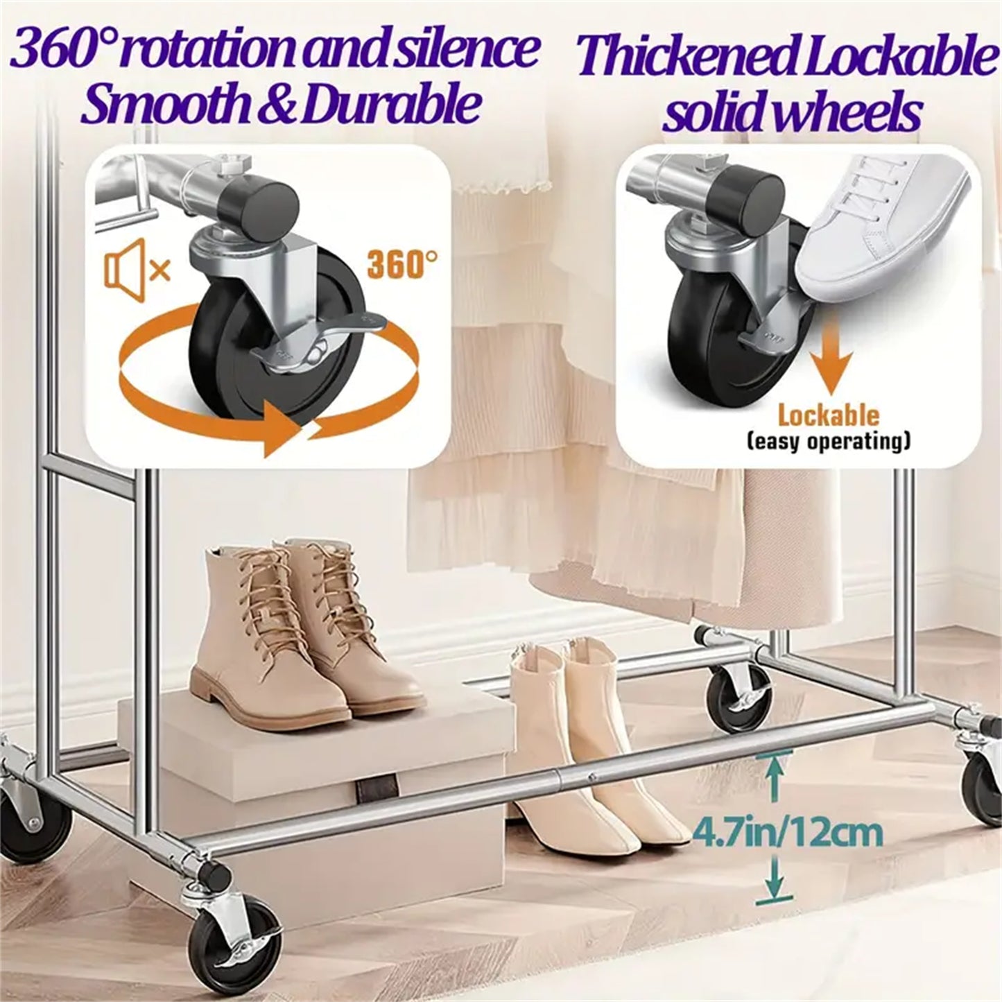 Baokaler 500 lbs Heavy Duty Garment Clothes Rack on Wheel Commercial Metal Clothes Racks Collapsible Clothing Racks for Hanging Clothes, Double Rolling Clothes Rack with Shelf, Chrome Finish
