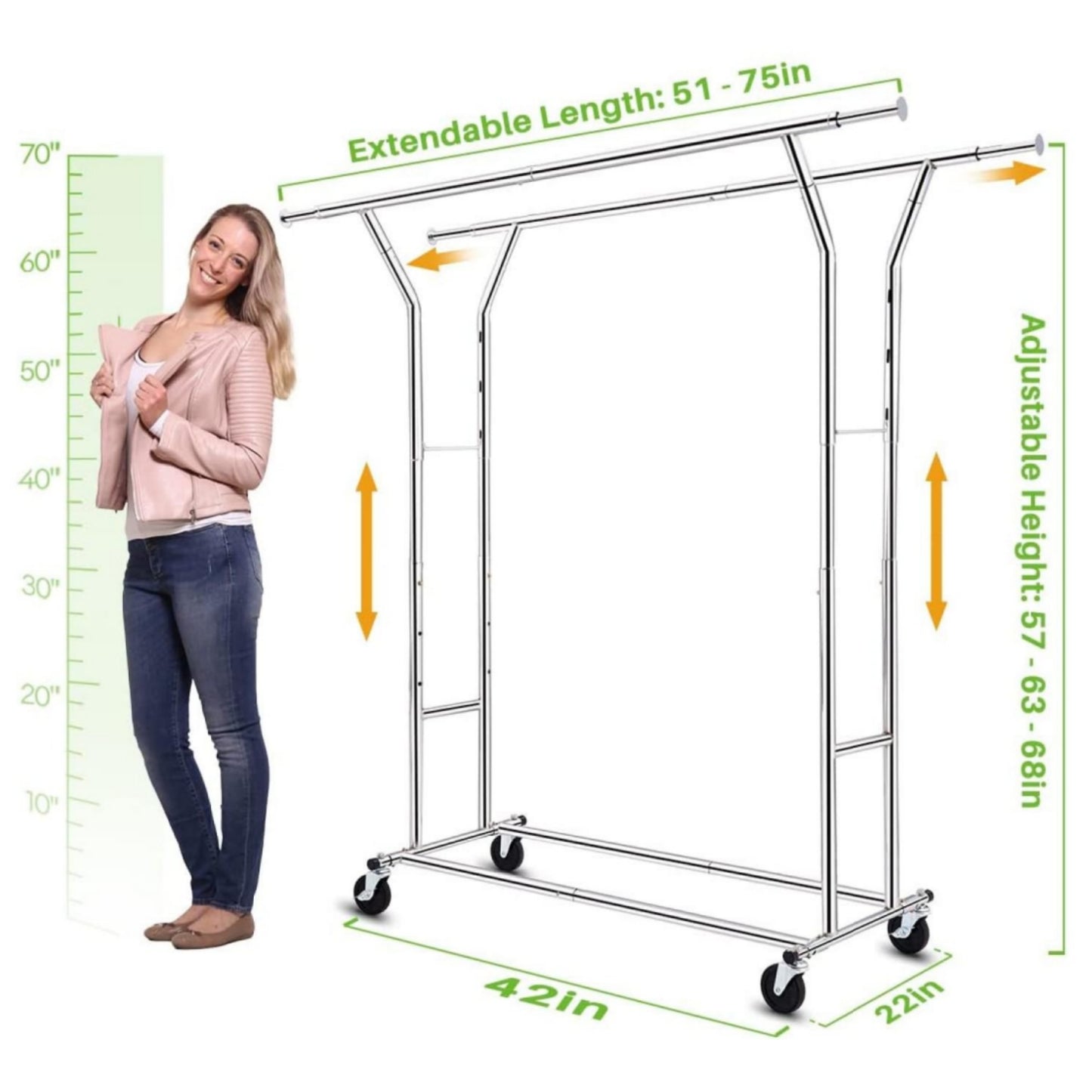 Baokaler 500 lbs Heavy Duty Garment Clothes Rack on Wheel Commercial Metal Clothes Racks Collapsible Clothing Racks for Hanging Clothes, Double Rolling Clothes Rack with Shelf, Chrome Finish