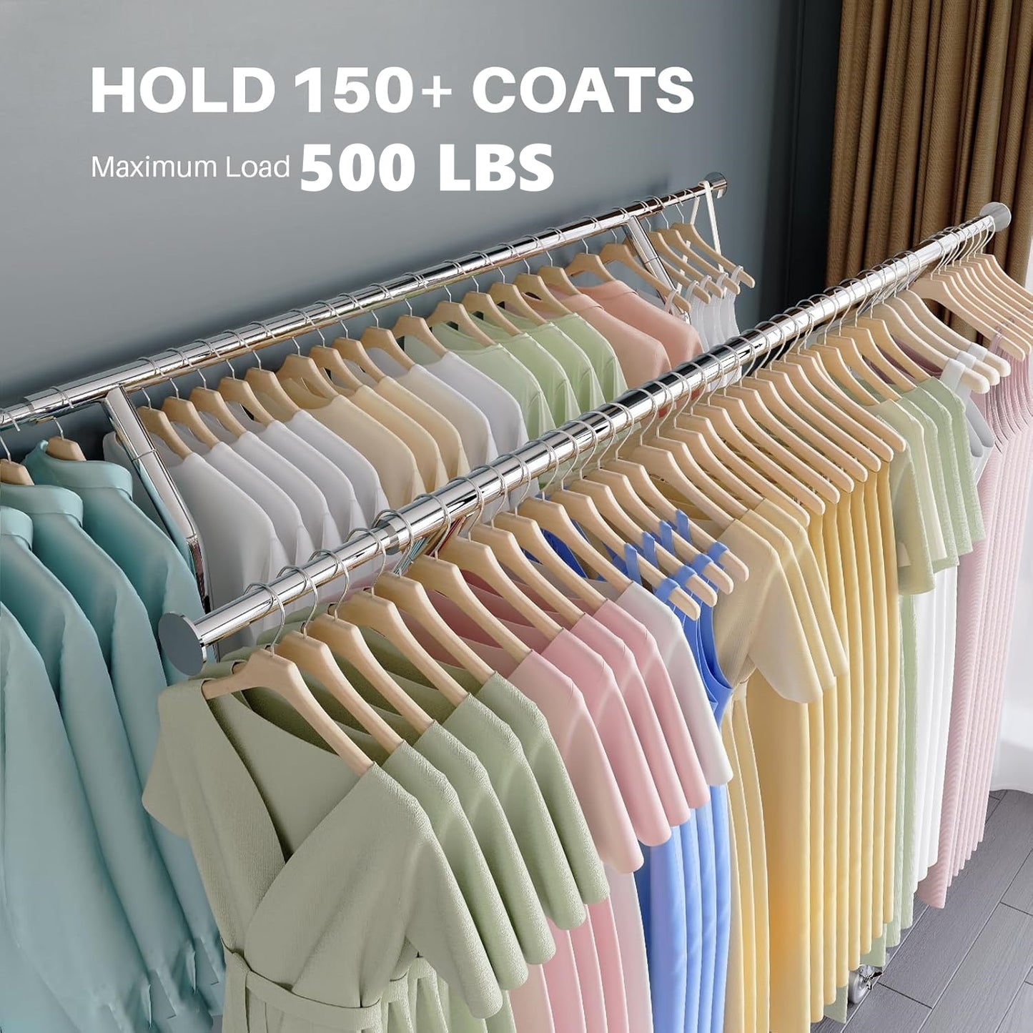 Baokaler 500 lbs Heavy Duty Garment Clothes Rack on Wheel Commercial Metal Clothes Racks Collapsible Clothing Racks for Hanging Clothes, Double Rolling Clothes Rack with Shelf, Chrome Finish
