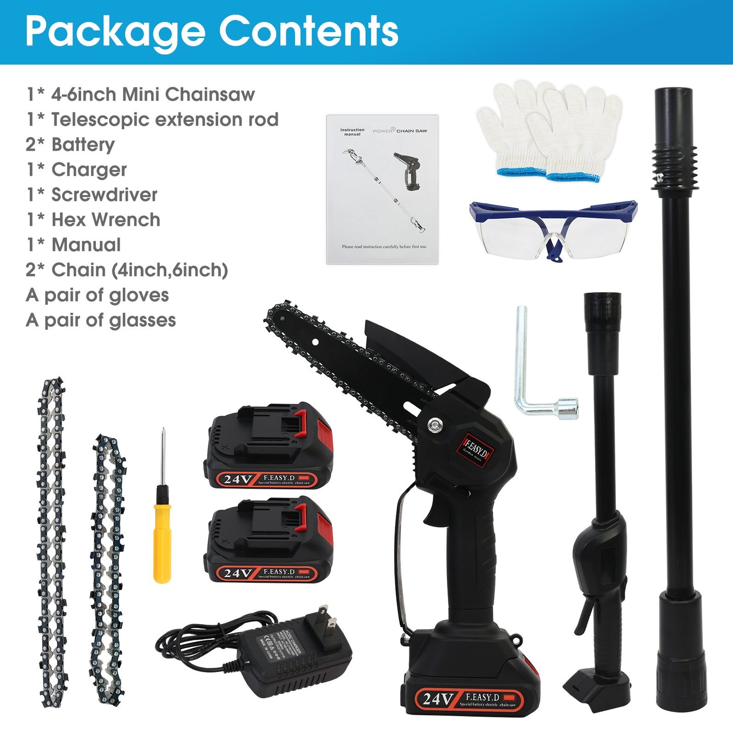Cordless Pole Saw, Mini Chainsaw with Retractable Extension Rod and 2 Replaceable 24V Batteries for Tree Trimming