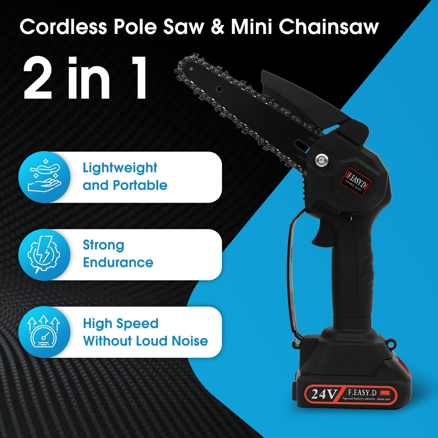 Cordless Pole Saw, Mini Chainsaw with Retractable Extension Rod and 2 Replaceable 24V Batteries for Tree Trimming