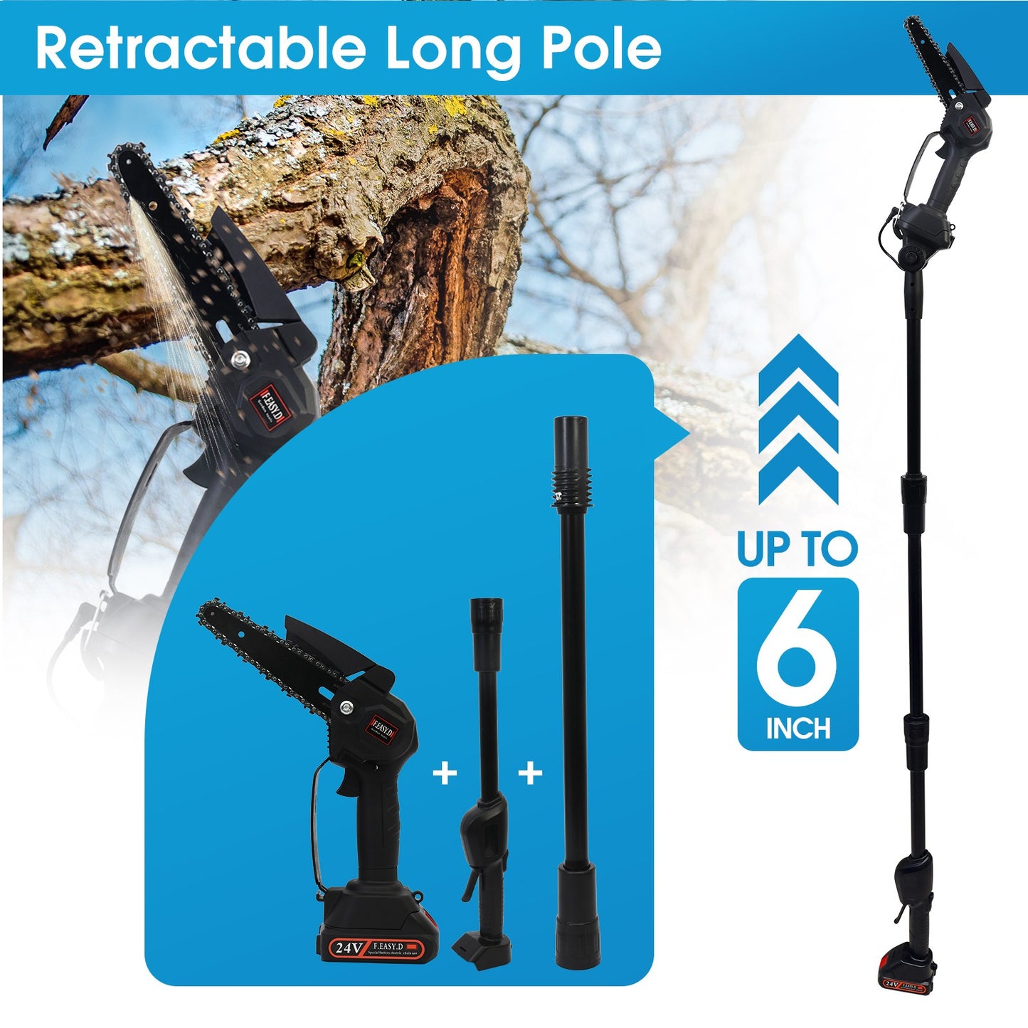 Cordless Pole Saw, Mini Chainsaw with Retractable Extension Rod and 2 Replaceable 24V Batteries for Tree Trimming