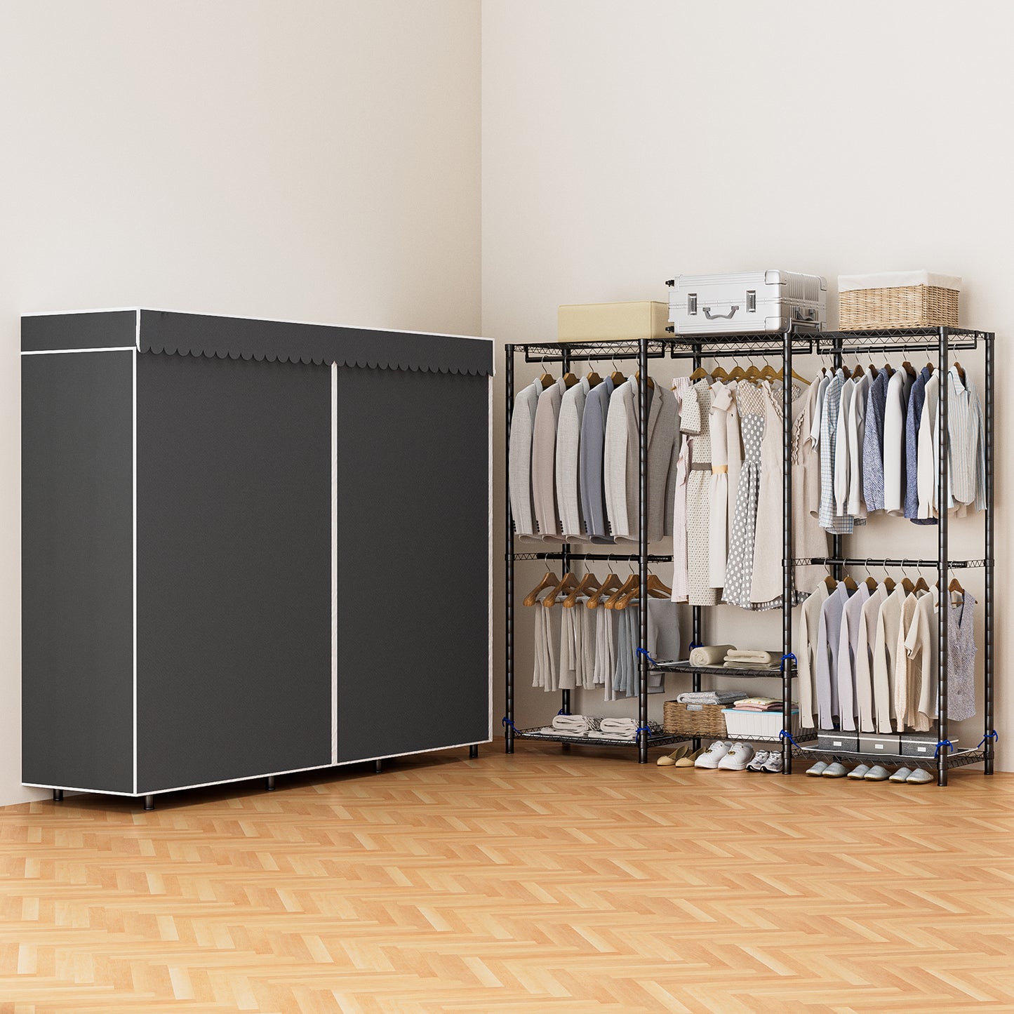 Baokaler Portable Closet Wardrobe 800LBS Heavy Duty Wire Garment rack with Gray Fabric Cover, Metal Clothes rack Freestanding Closet Organizer Portable Adjustable Wardrobe for Bedroom, Black