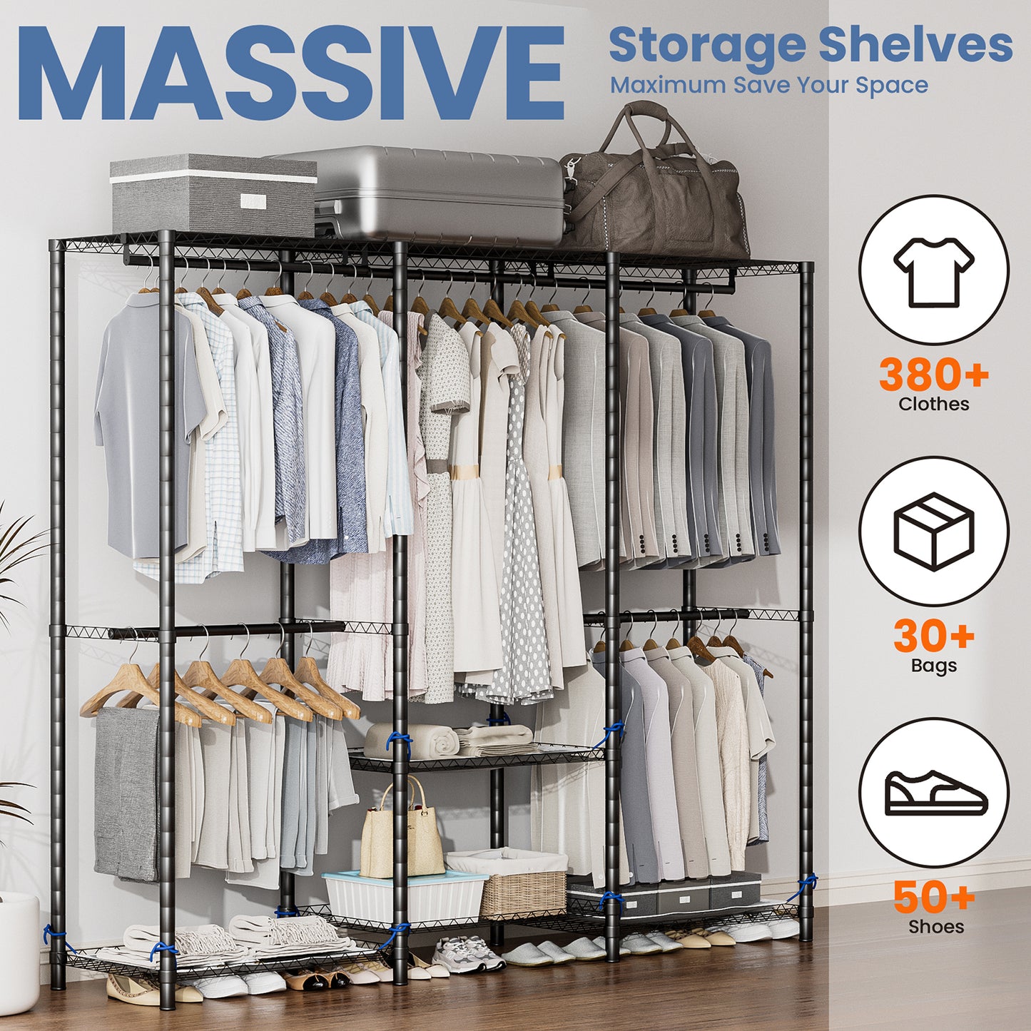 Baokaler Portable Closet Wardrobe 800LBS Heavy Duty Wire Garment rack with Gray Fabric Cover, Metal Clothes rack Freestanding Closet Organizer Portable Adjustable Wardrobe for Bedroom, Black