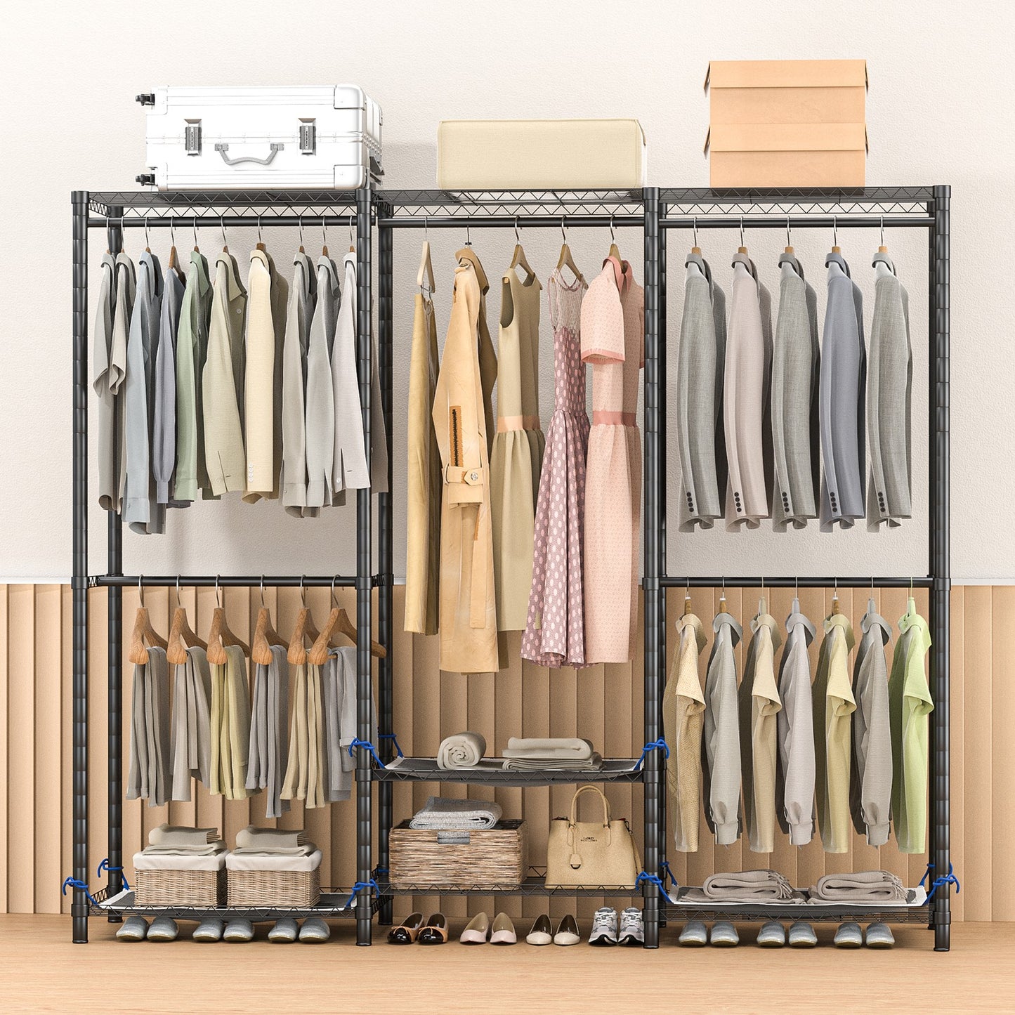 Baokaler Portable Closet Wardrobe 800LBS Heavy Duty Wire Garment rack with Gray Fabric Cover, Metal Clothes rack Freestanding Closet Organizer Portable Adjustable Wardrobe for Bedroom, Black