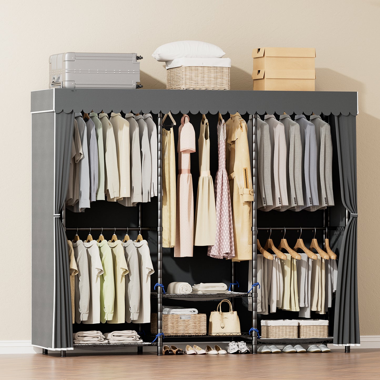 Baokaler Portable Closet Wardrobe 800LBS Heavy Duty Wire Garment rack with Gray Fabric Cover, Metal Clothes rack Freestanding Closet Organizer Portable Adjustable Wardrobe for Bedroom, Black