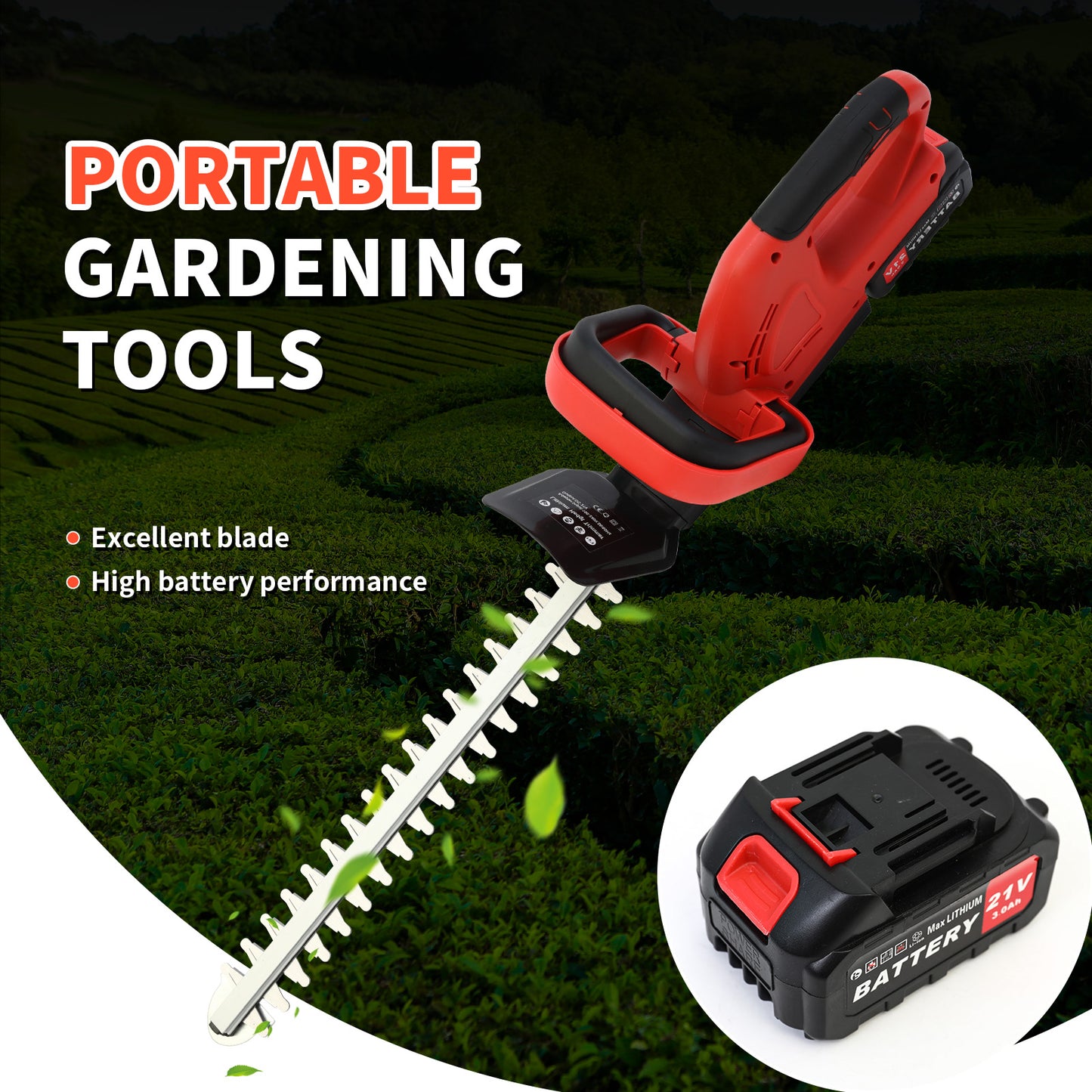 Baokaler 550W 21V Cordless Electric Hedge Trimmer with 3.0Ah Battery and Charger, for Shrub and Bush Cutting and Trimming
