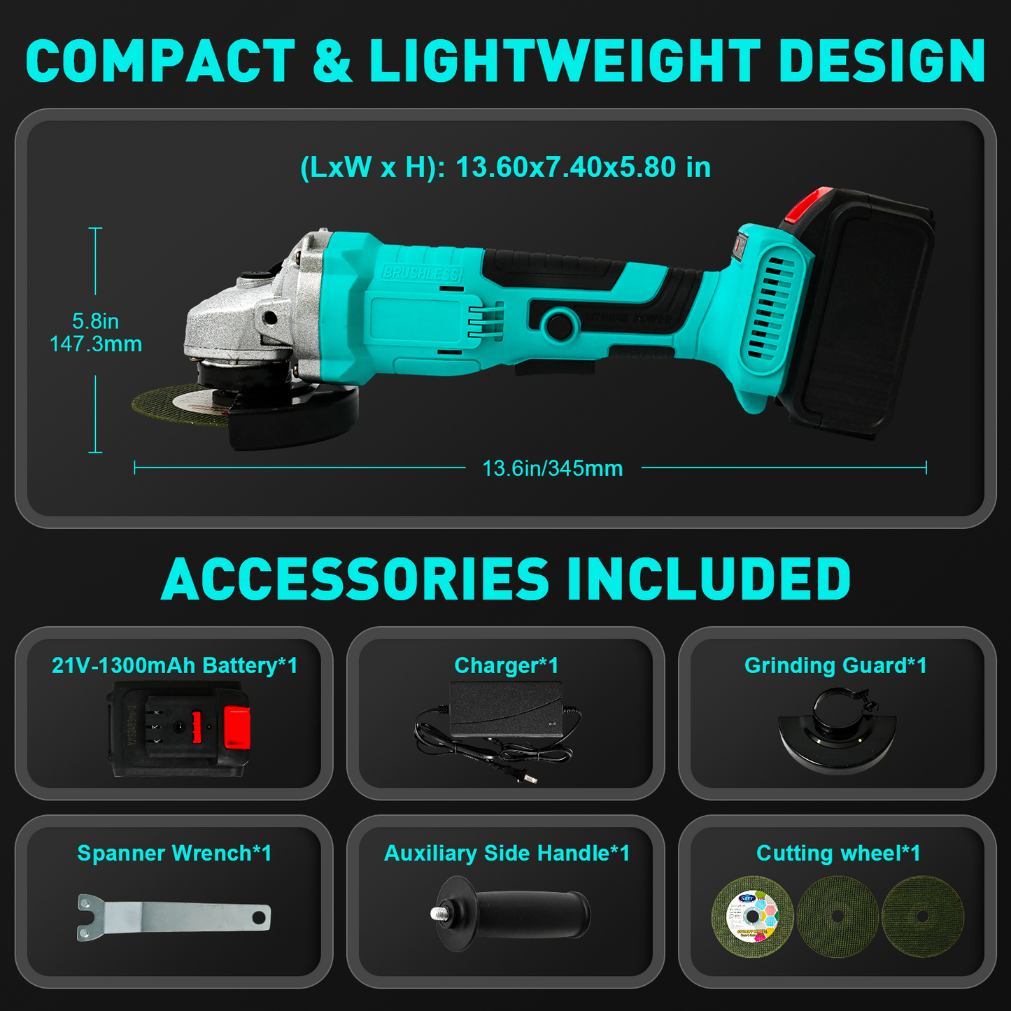 4" 21V 1500mah Electric Brushless Cordless Angle Grinder,Angle Grinder Tool Cutting Tool with 1 Batteries,Charger, and 3 Cutting Discs for Cutting, Polishing, Grinding, and Rust Removal