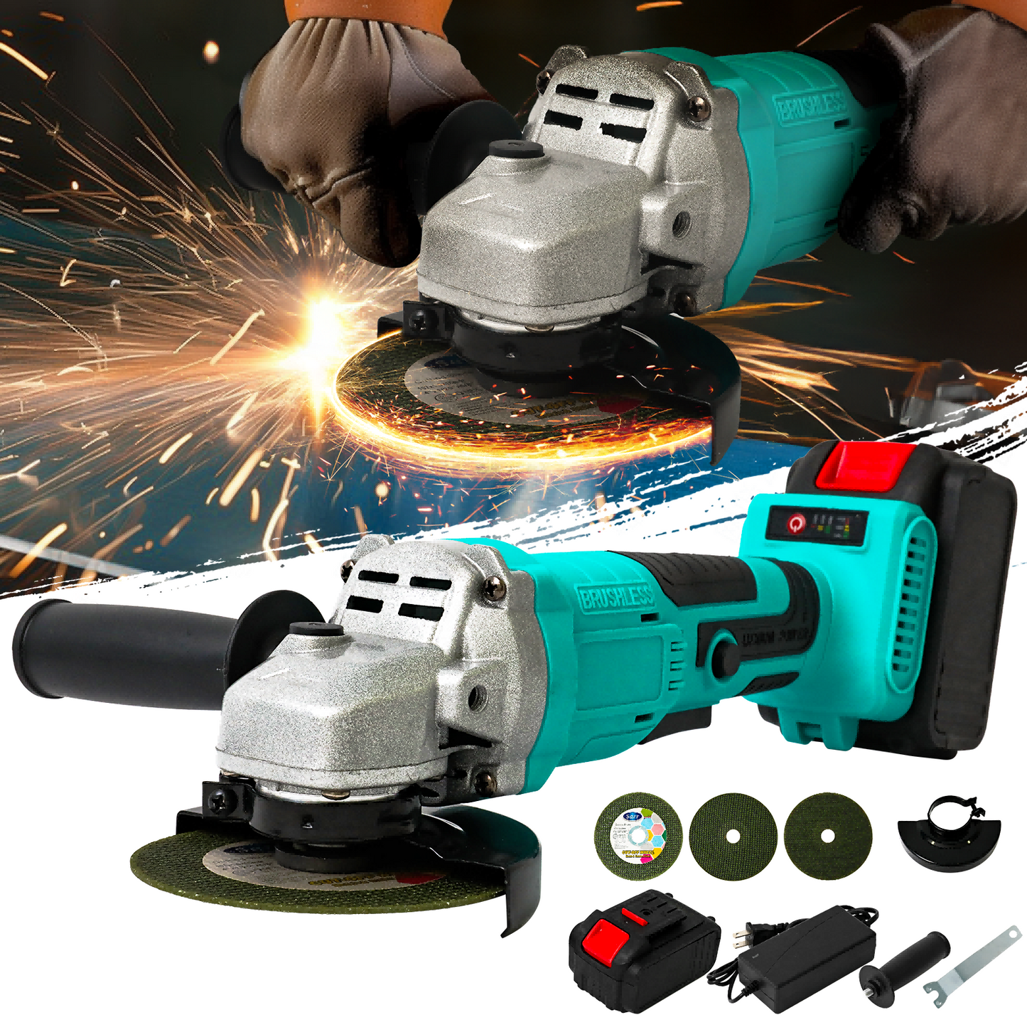 4" 21V 1500mah Electric Brushless Cordless Angle Grinder,Angle Grinder Tool Cutting Tool with 1 Batteries,Charger, and 3 Cutting Discs for Cutting, Polishing, Grinding, and Rust Removal