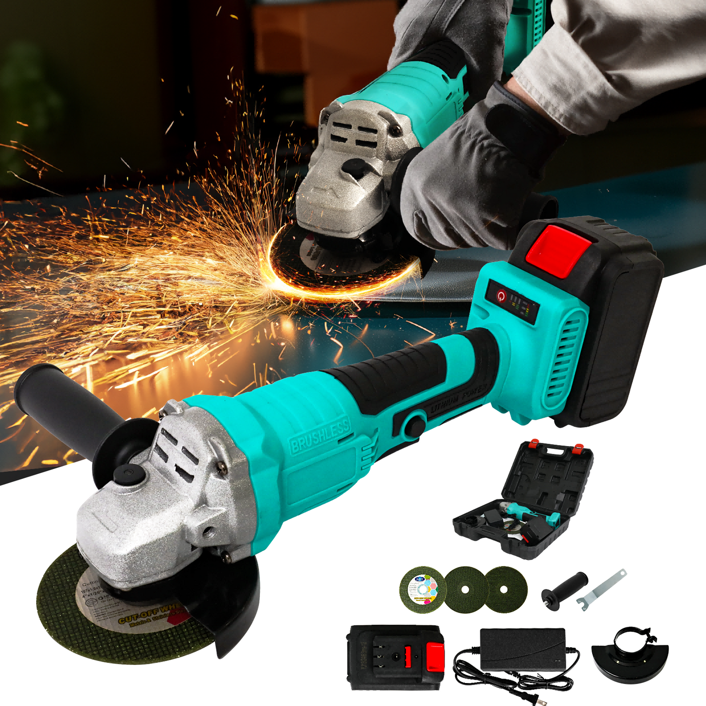 4" 21V 1500mah Electric Brushless Cordless Angle Grinder,Angle Grinder Tool Cutting Tool with 1 Batteries,Charger, and 3 Cutting Discs for Cutting, Polishing, Grinding, and Rust Removal
